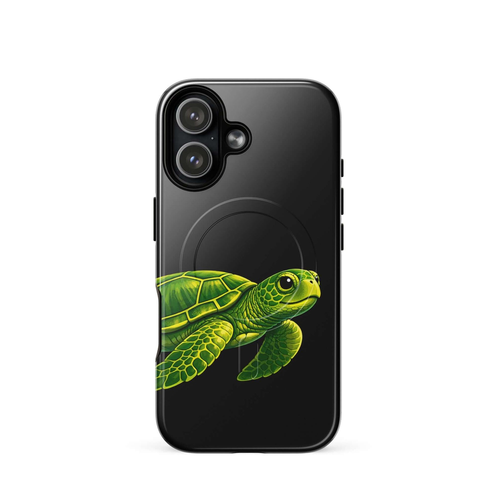 Magnetic Phone Case featuring vibrant sea turtle design on a black background for style and protection.