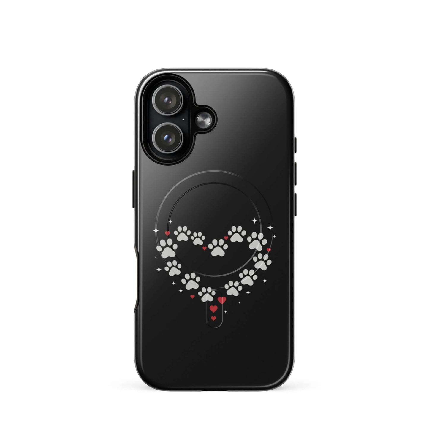 Magnetic Phone Case for iPhone featuring a paw-print heart design on a sleek black background.