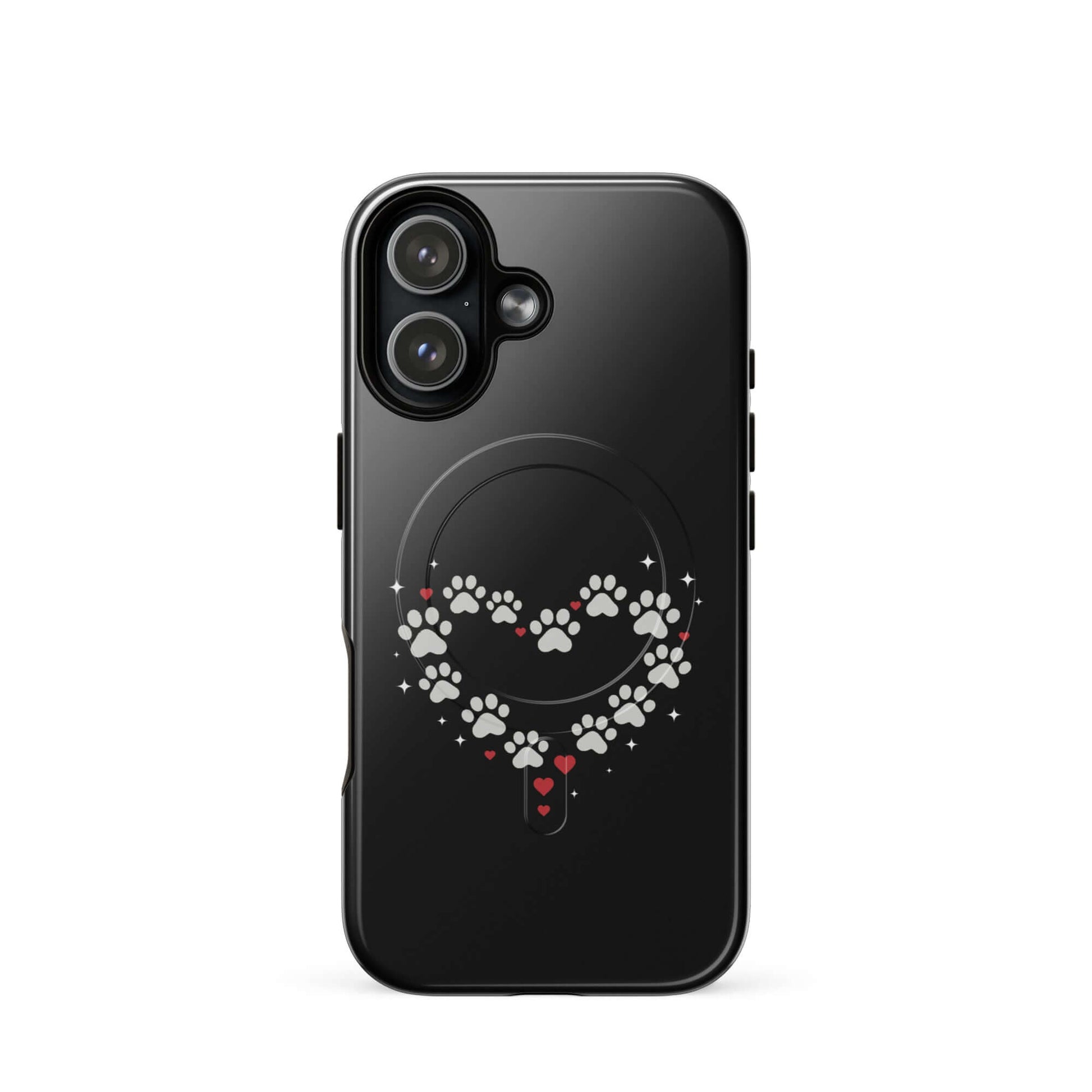 Magnetic Phone Case for iPhone featuring a paw-print heart design on a sleek black background.