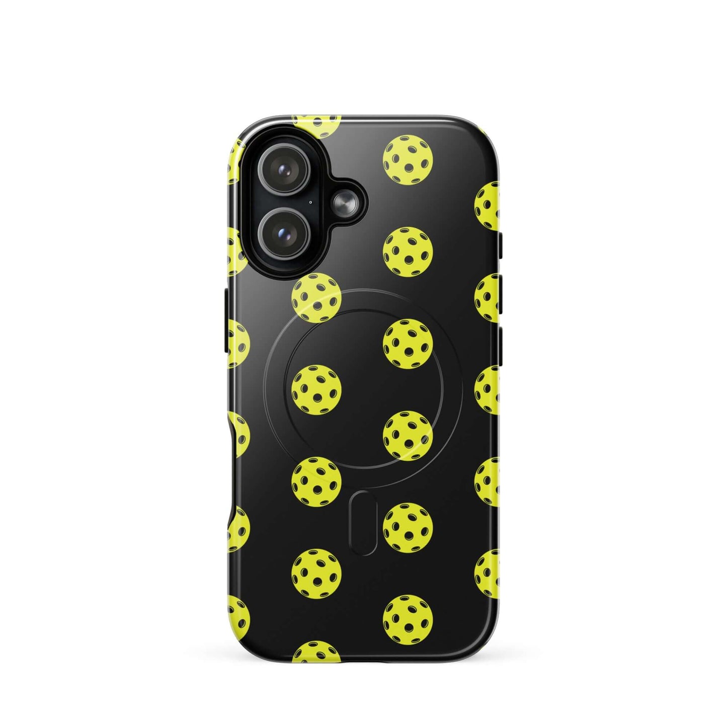 Magnetic Phone Case featuring a playful pickleball pattern with vibrant yellow balls on a black background.