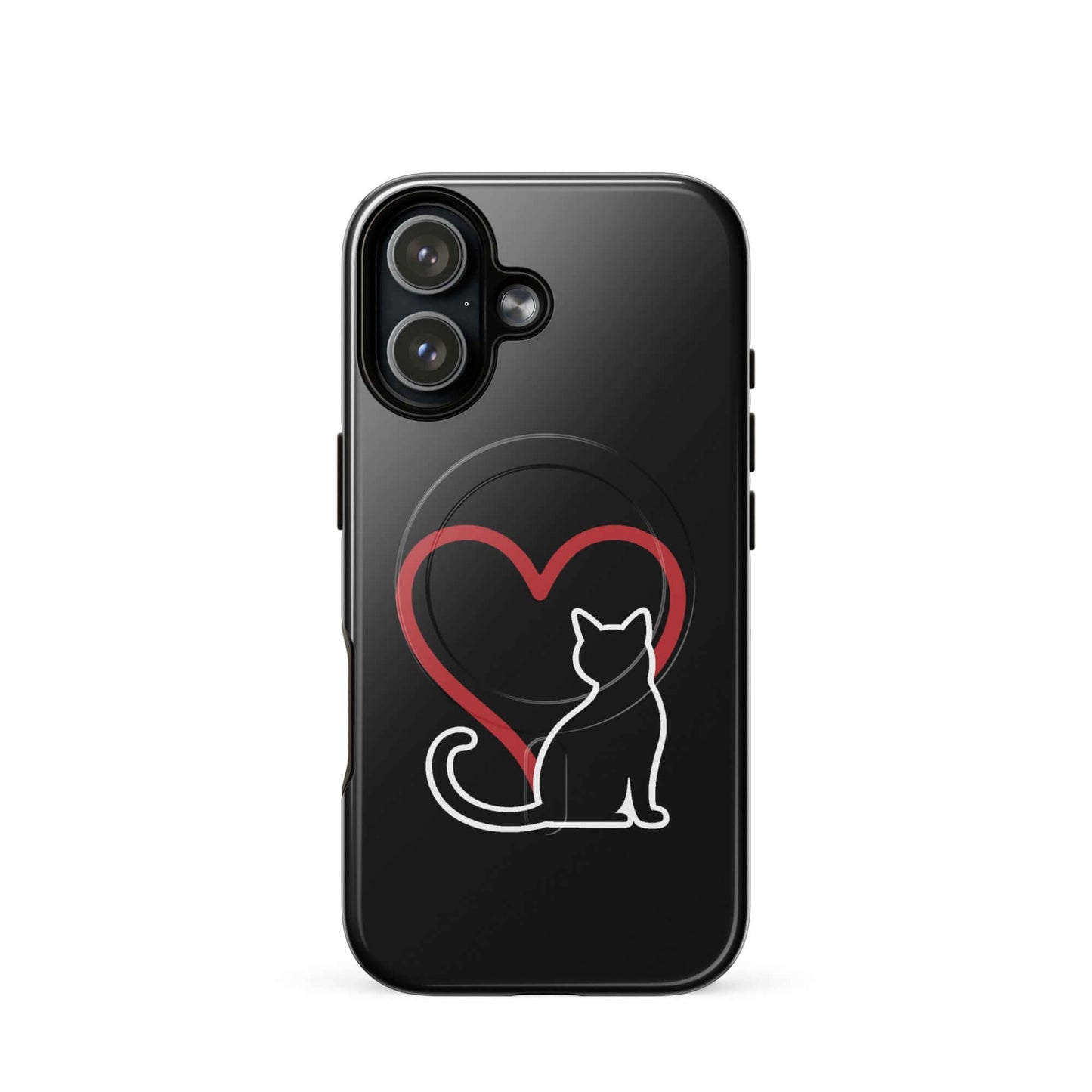Magnetic Phone Case featuring a black cat silhouette and a red heart, elegant protection for cat lovers.