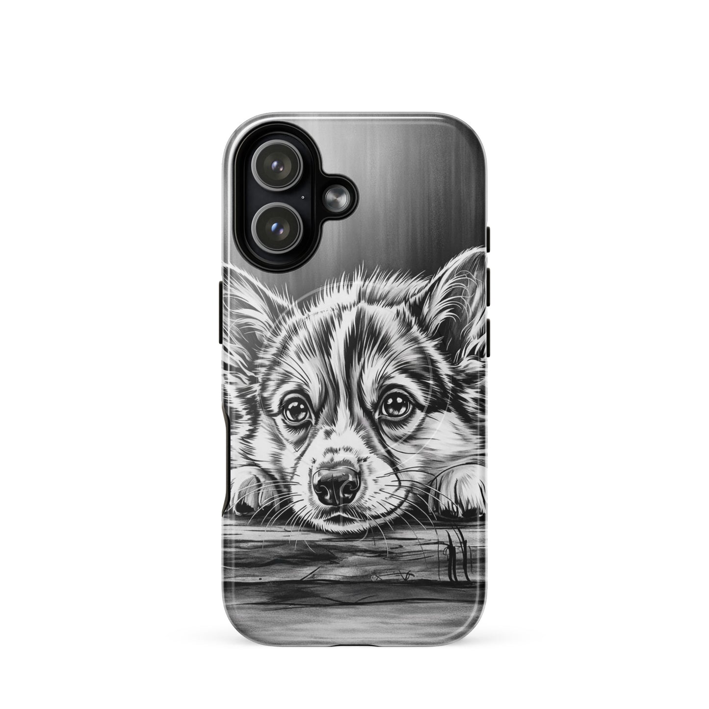 Magnetic Phone Case with elegant puppy art, featuring black-and-white illustration of a puppy head resting on wood for iPhone protection.