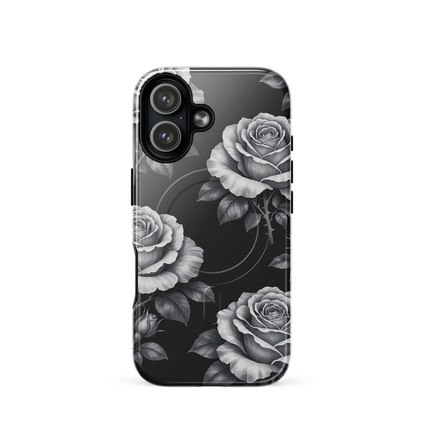 Magnetic Phone Case featuring rose garden design on a black background for iPhone.