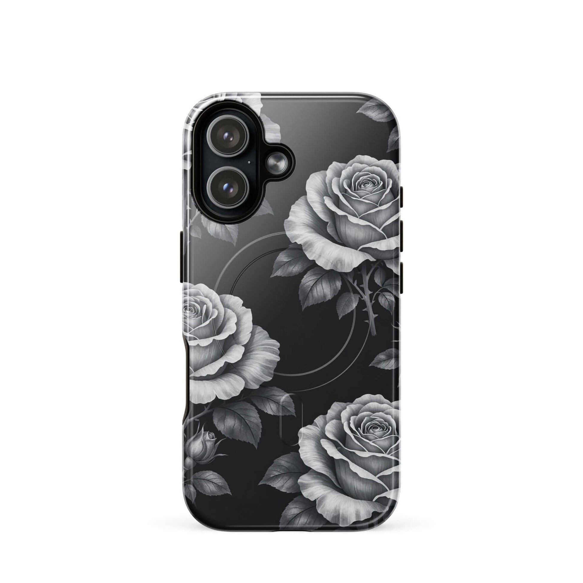 Magnetic Phone Case featuring rose garden design on a black background for iPhone.