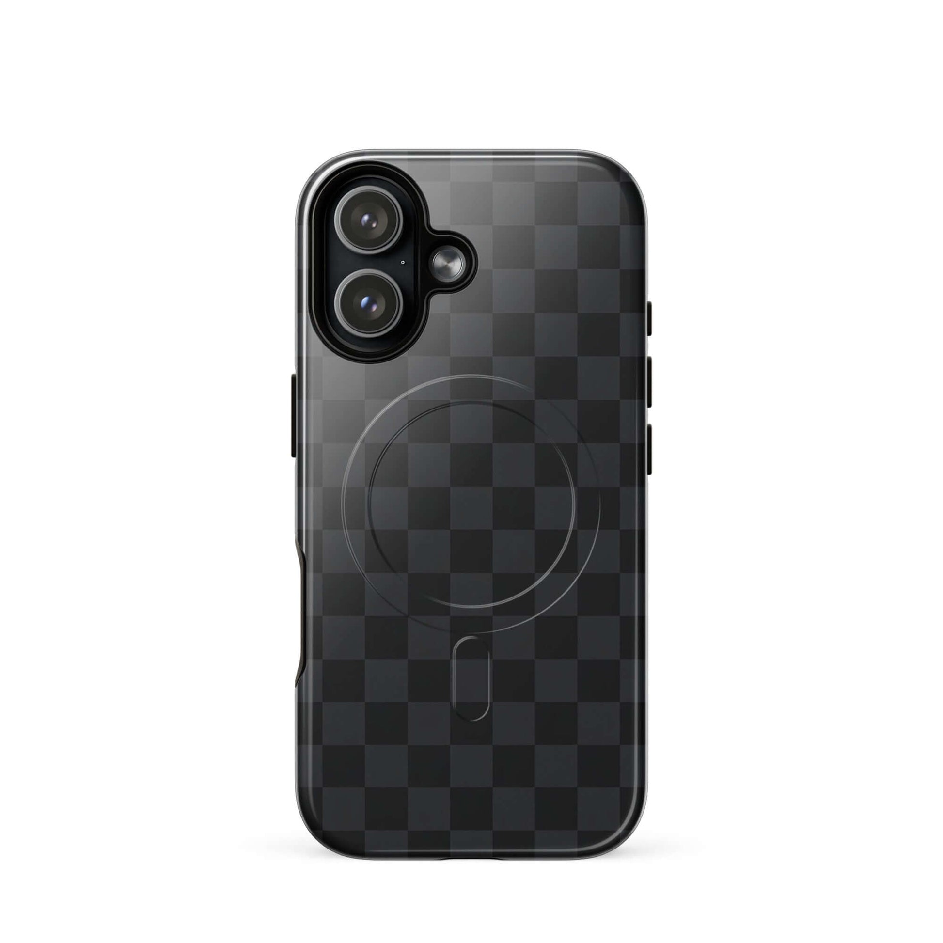 Magnetic Phone Case for iPhone with black and charcoal checkered design, offering sleek style and protection.
