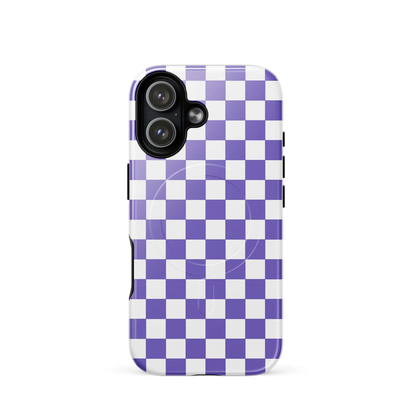 Magnetic Phone Case for iPhone with purple and white checkered pattern, stylish and fun design