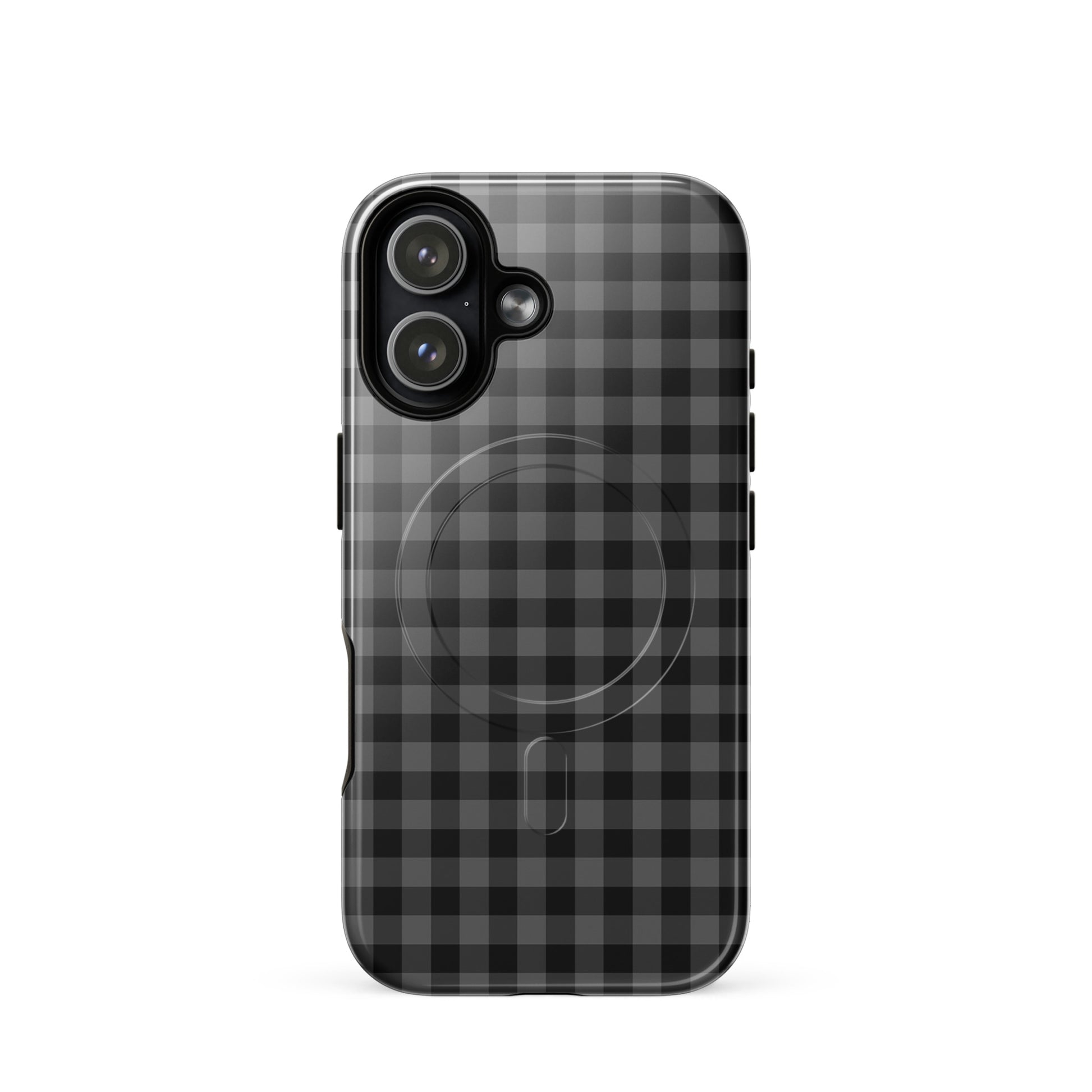 Magnetic Phone Case with black-and-charcoal gingham pattern for iPhone, offering stylish design and durable protection.