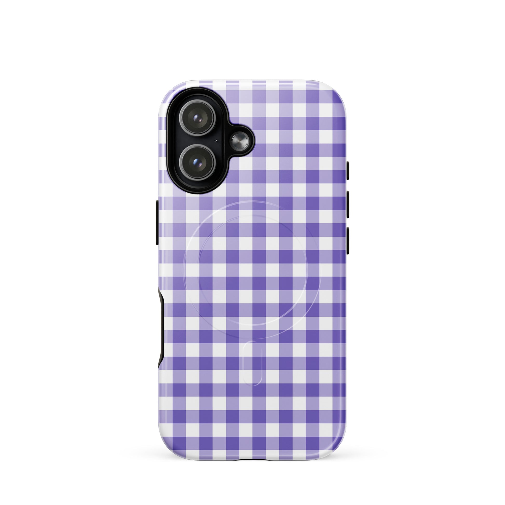 Magnetic Phone Case with purple gingham pattern for iPhone, combining style and protection.