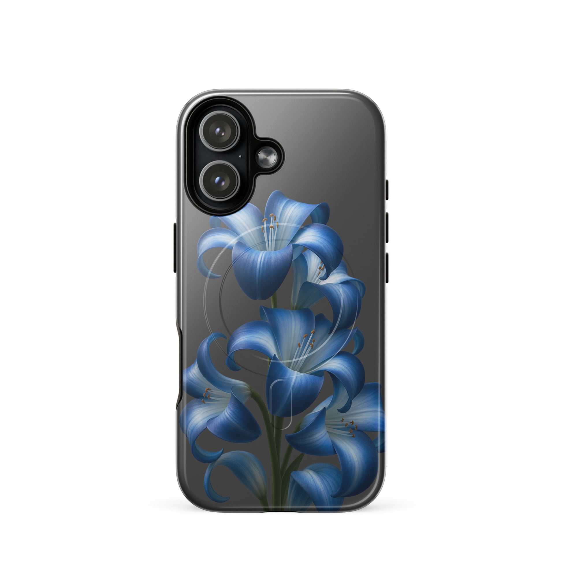 Magnetic Phone Case for iPhone with Blue Lily Bloom Art on a sleek dark backdrop, showcasing vibrant floral design and dual-layer protection.