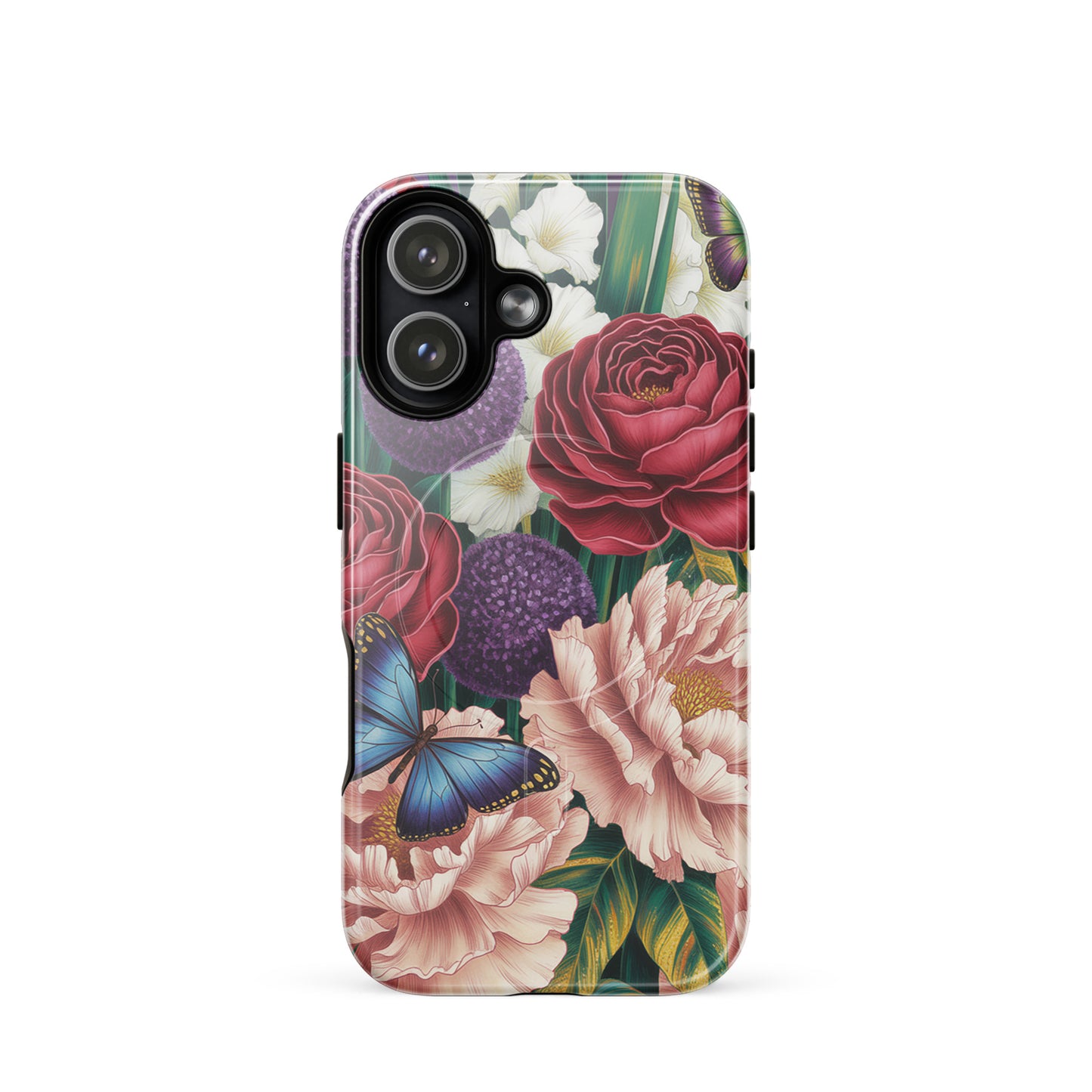 Magnetic Phone Case for iPhone with botanical design of crimson roses, pink peonies, purple alliums, and blue butterflies.