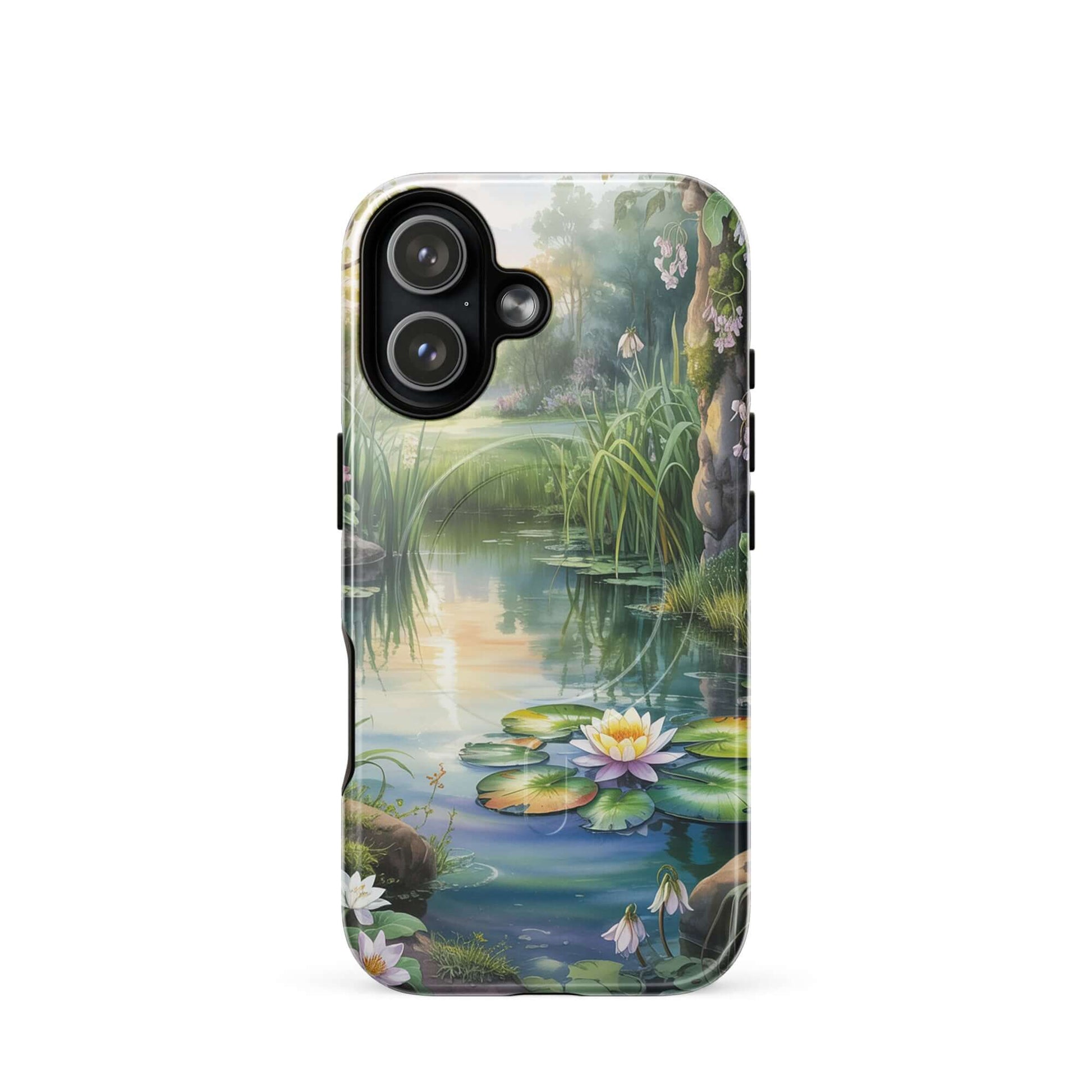 Magnetic Phone Case featuring Enchanted Pond with water lilies and greenery design for peaceful charm on your iPhone.
