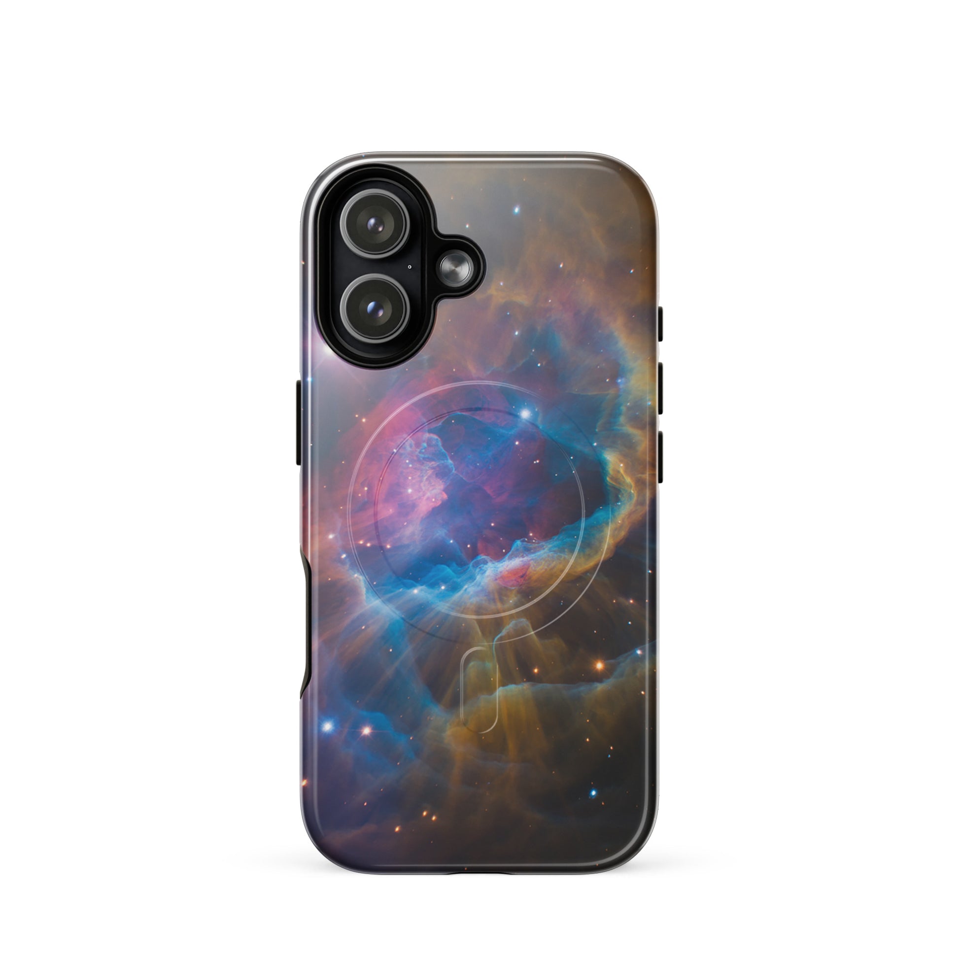 Magnetic Phone Case for iPhone with nebula design, featuring electric blues and fiery oranges, cosmic dreamscape theme.