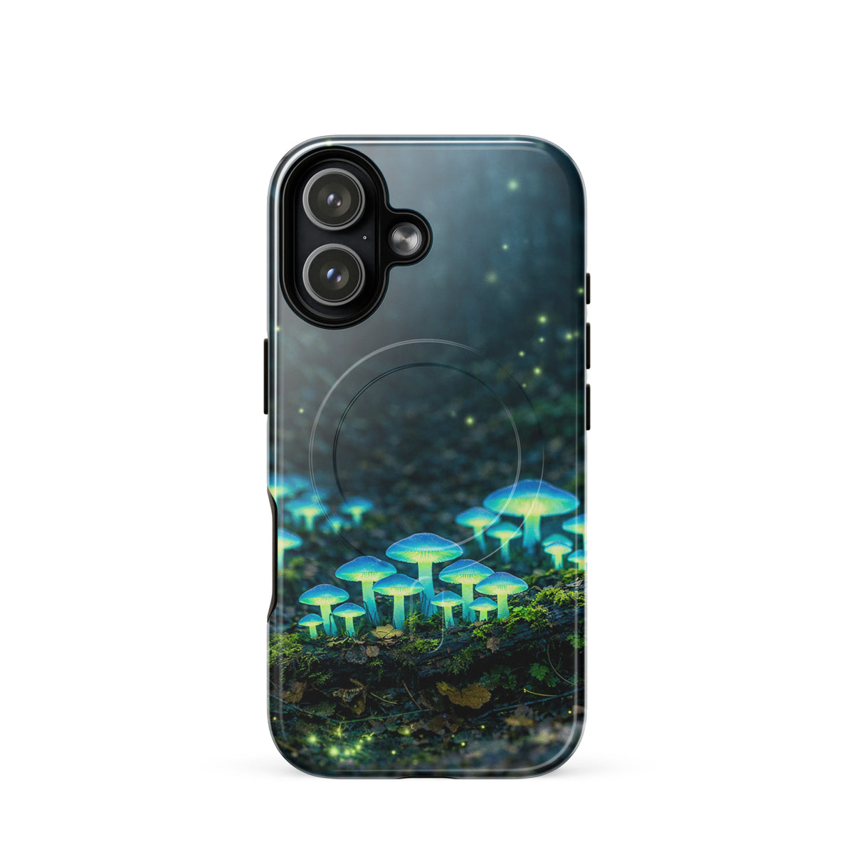 Magnetic Phone Case with glowing bioluminescent forest mushrooms in ethereal blue-green design.