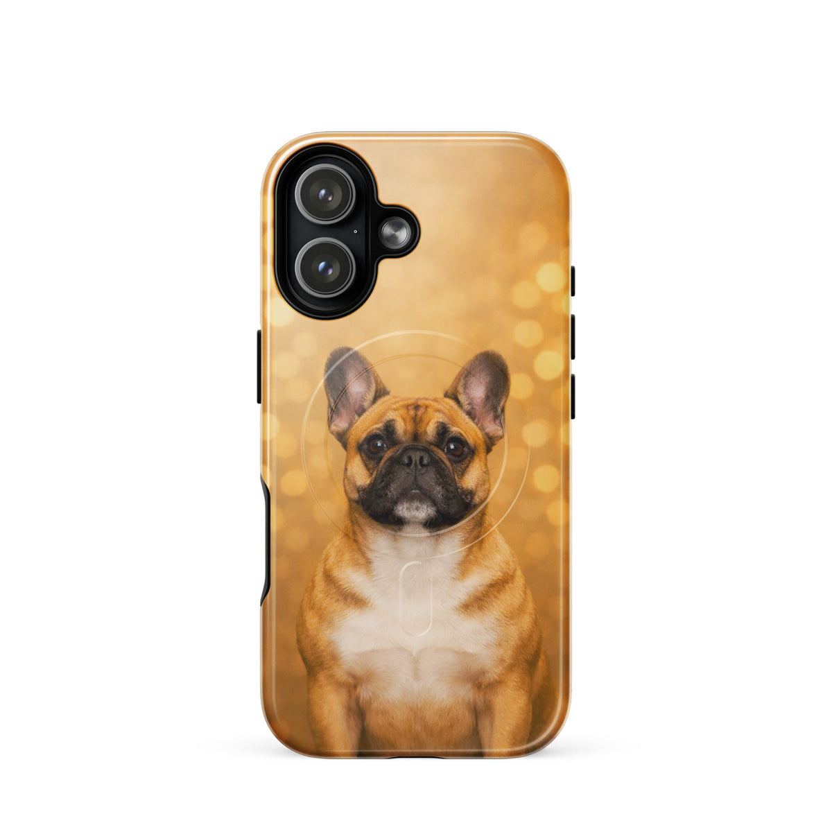 Magnetic Phone Case featuring French Bulldog portrait with golden bokeh background for iPhone.
