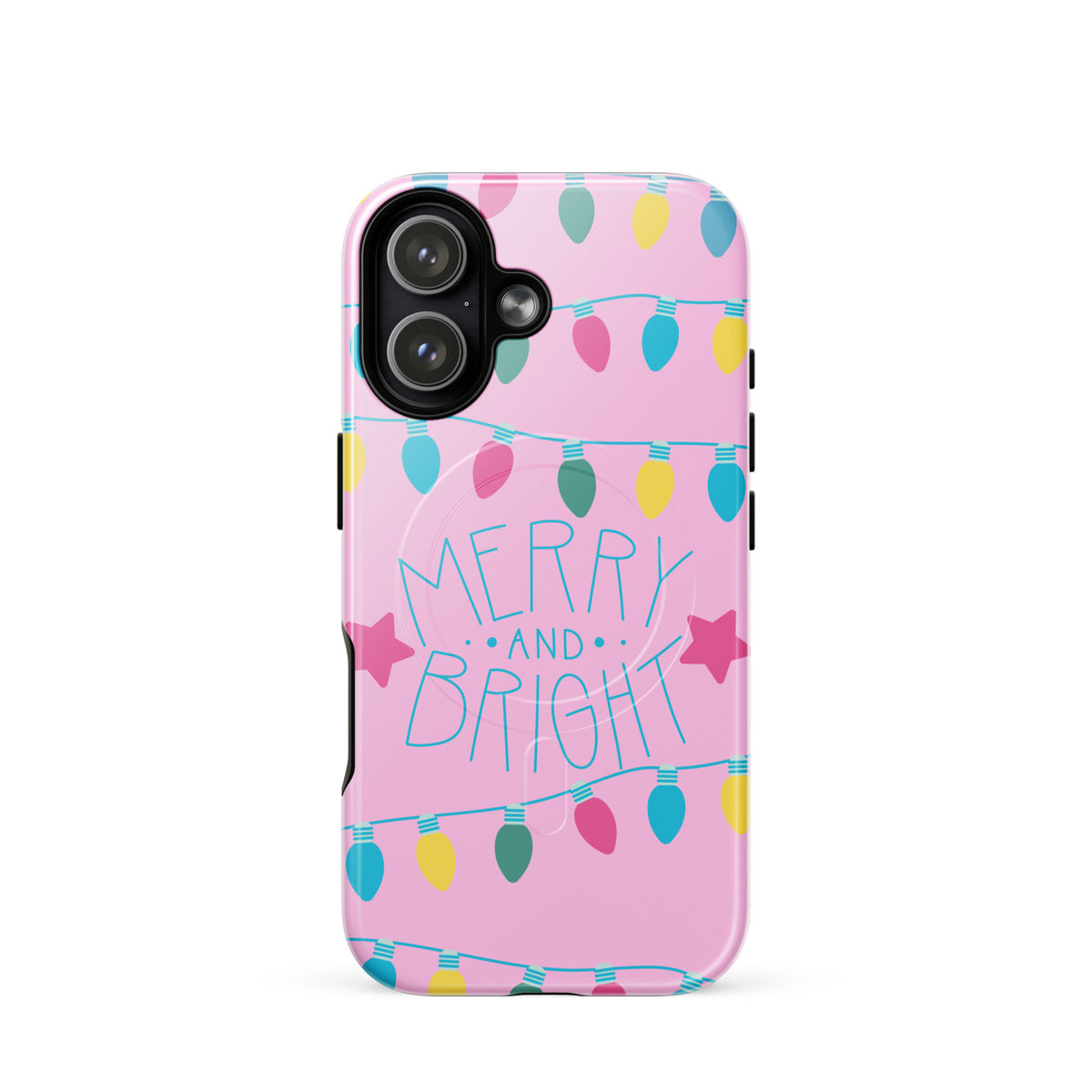 Magnetic Phone Case with "Merry and Bright" design featuring colorful holiday lights and stars on a bright pink background for iPhone.