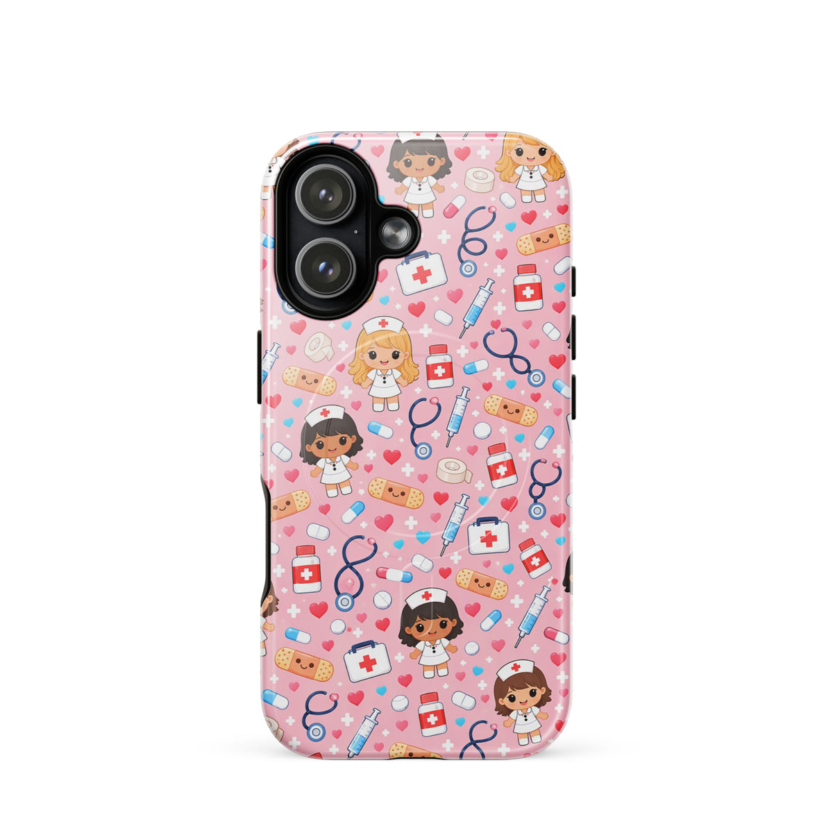 Magnetic Phone Case for iPhone with kawaii nurse pattern, featuring stethoscopes, bandages, pills, and medical items on pink background.