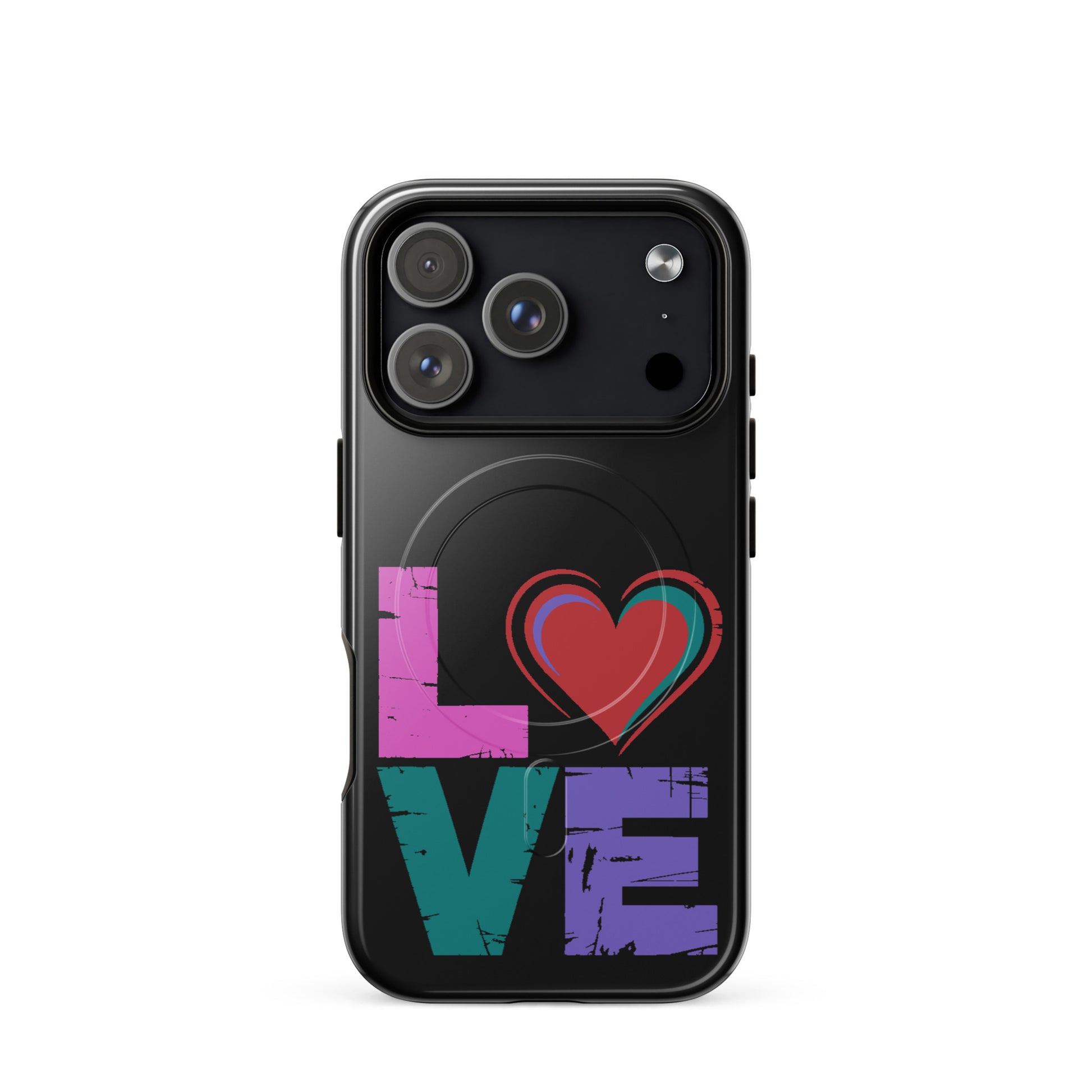 Love Magnetic Dual-Layer Tough Case for iPhone with colorful 'Love' design and built-in magnets.