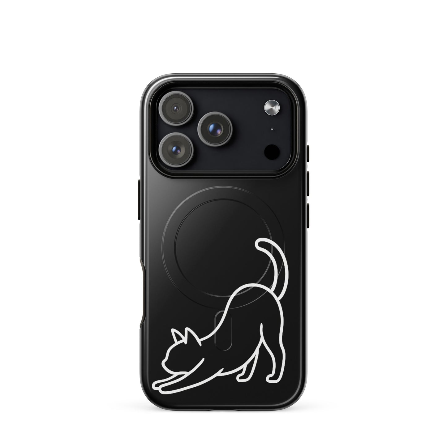 Magnetic Phone Case featuring a minimalist stretching cat design for iPhone, offering sleek protection.
