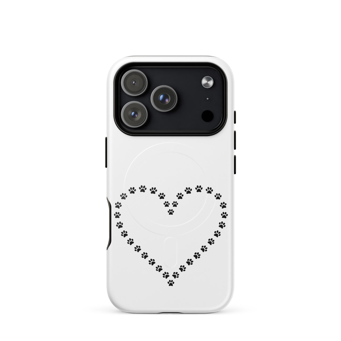 Magnetic phone case for iPhone with paw print heart design, perfect for pet lovers.