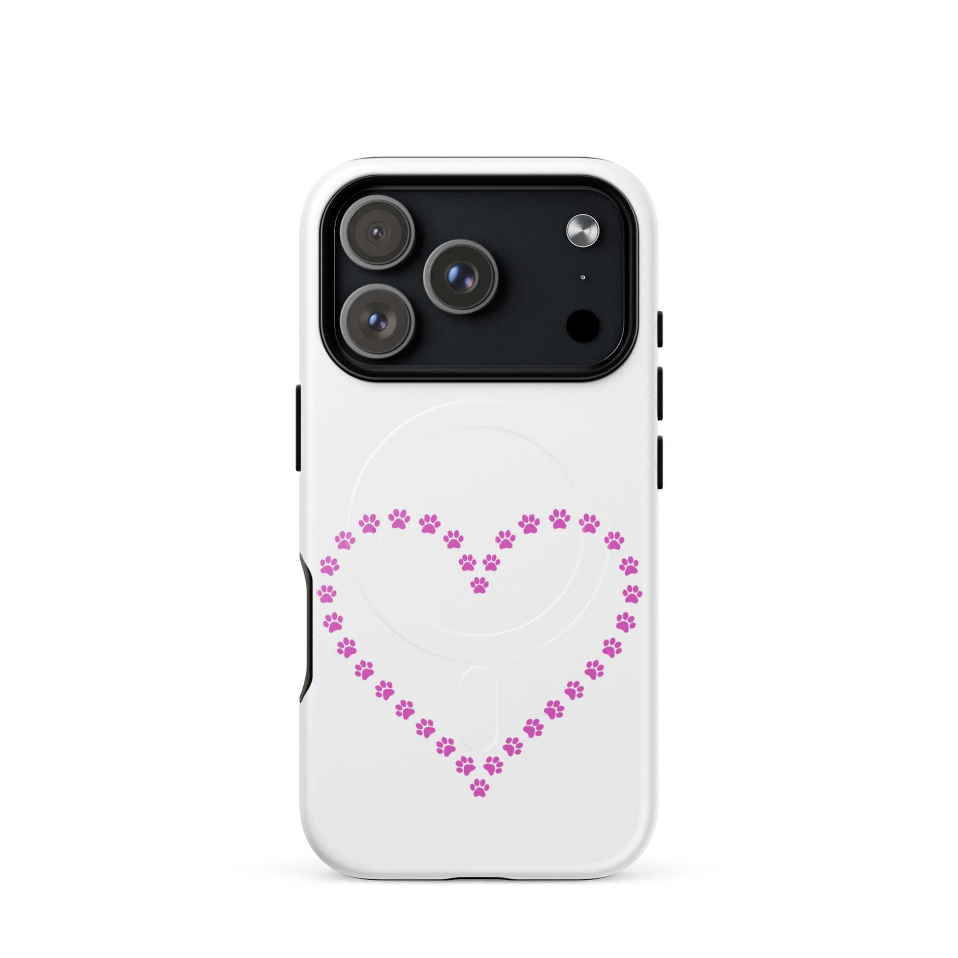 Magnetic Phone Case for iPhone featuring a heart design made of paw prints, perfect for pet lovers.