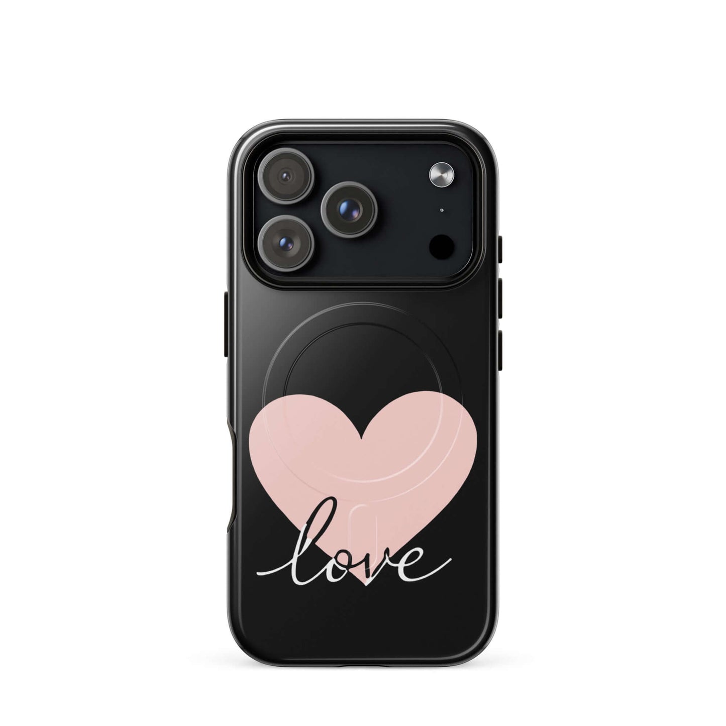 Magnetic Phone Case featuring a pink heart and flowing script 'love' for stylish protection.