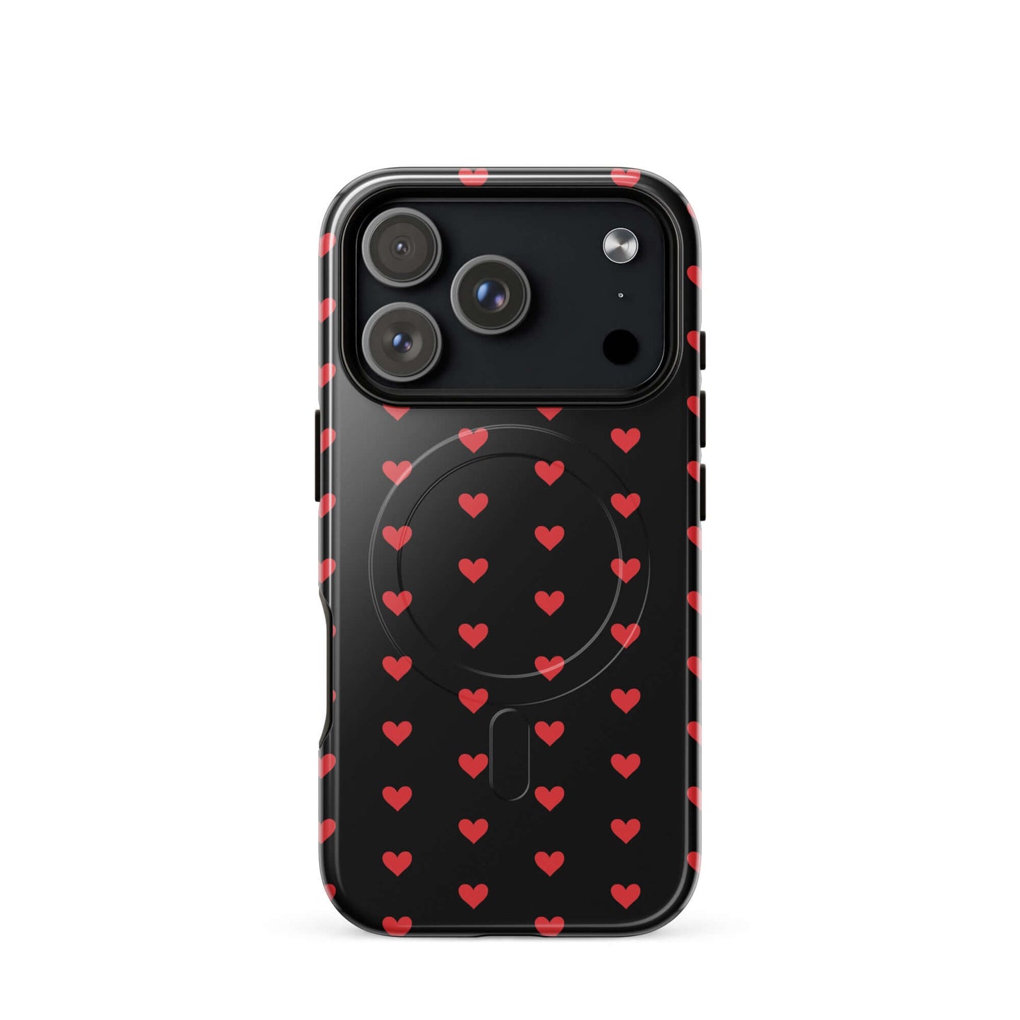 Magnetic Phone Case for iPhone featuring a black background with vibrant red hearts design.
