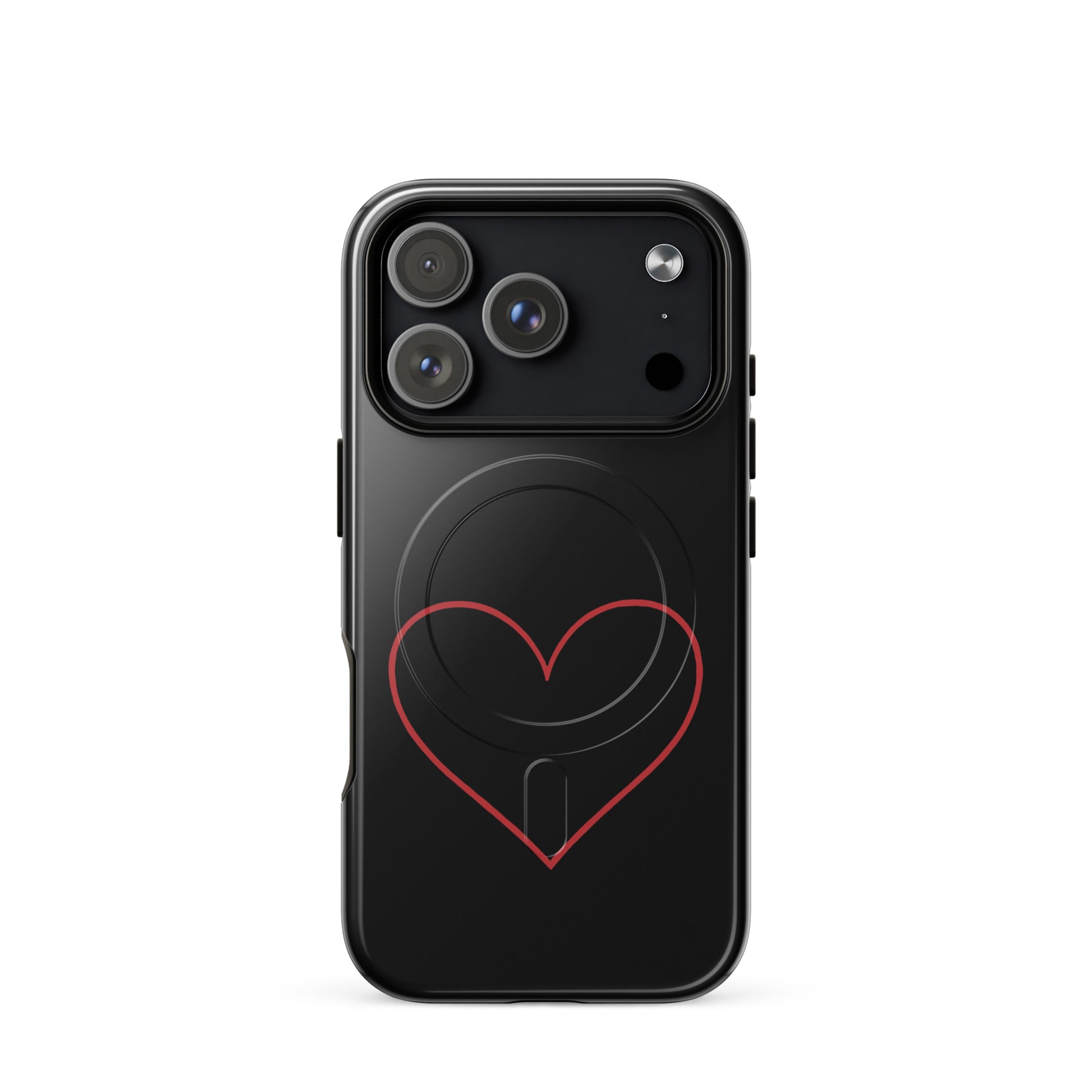 Magnetic Phone Case for iPhone featuring minimalist crimson heart design on sleek black background.