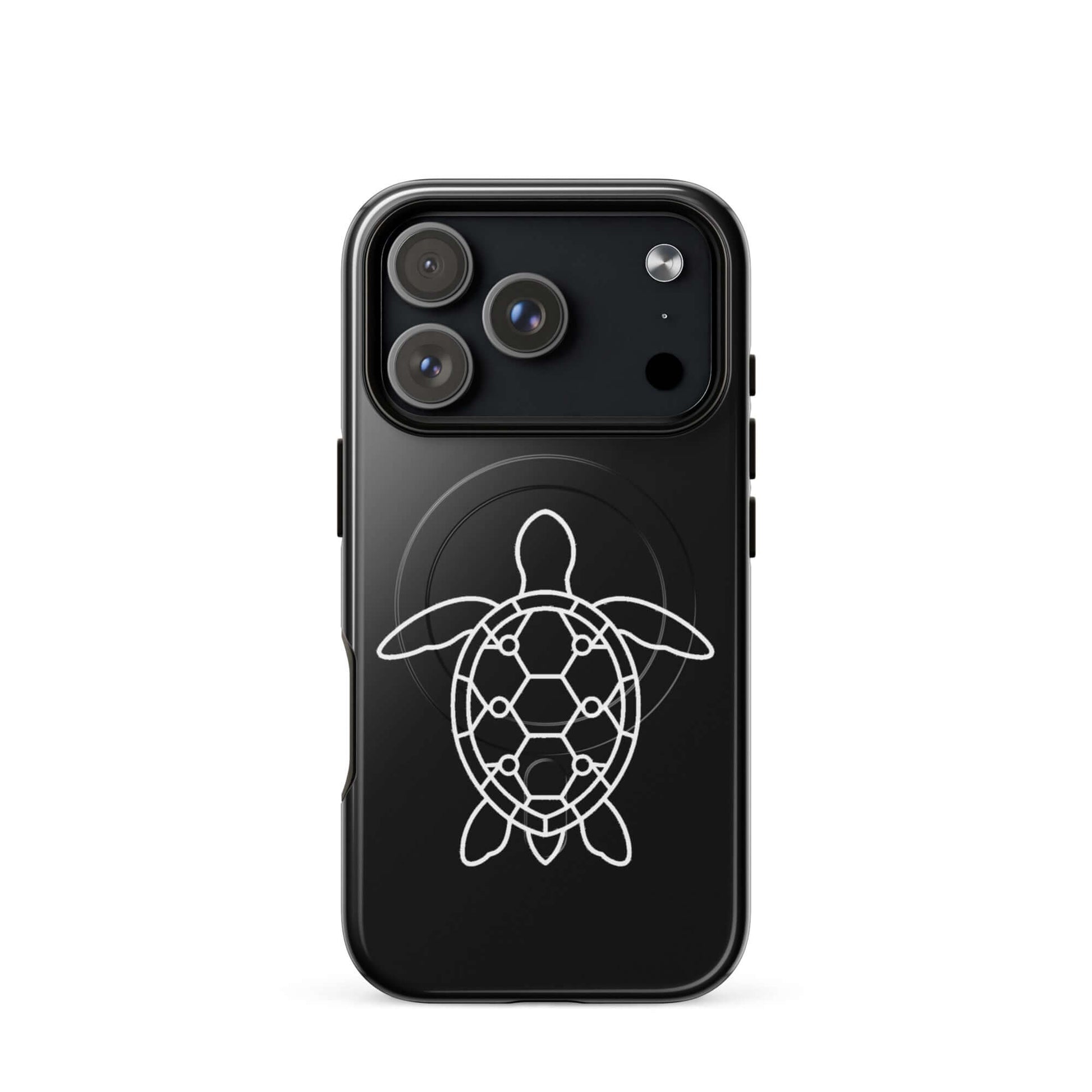Magnetic Phone Case featuring a minimalist sea turtle silhouette with geometric patterns on a black background.