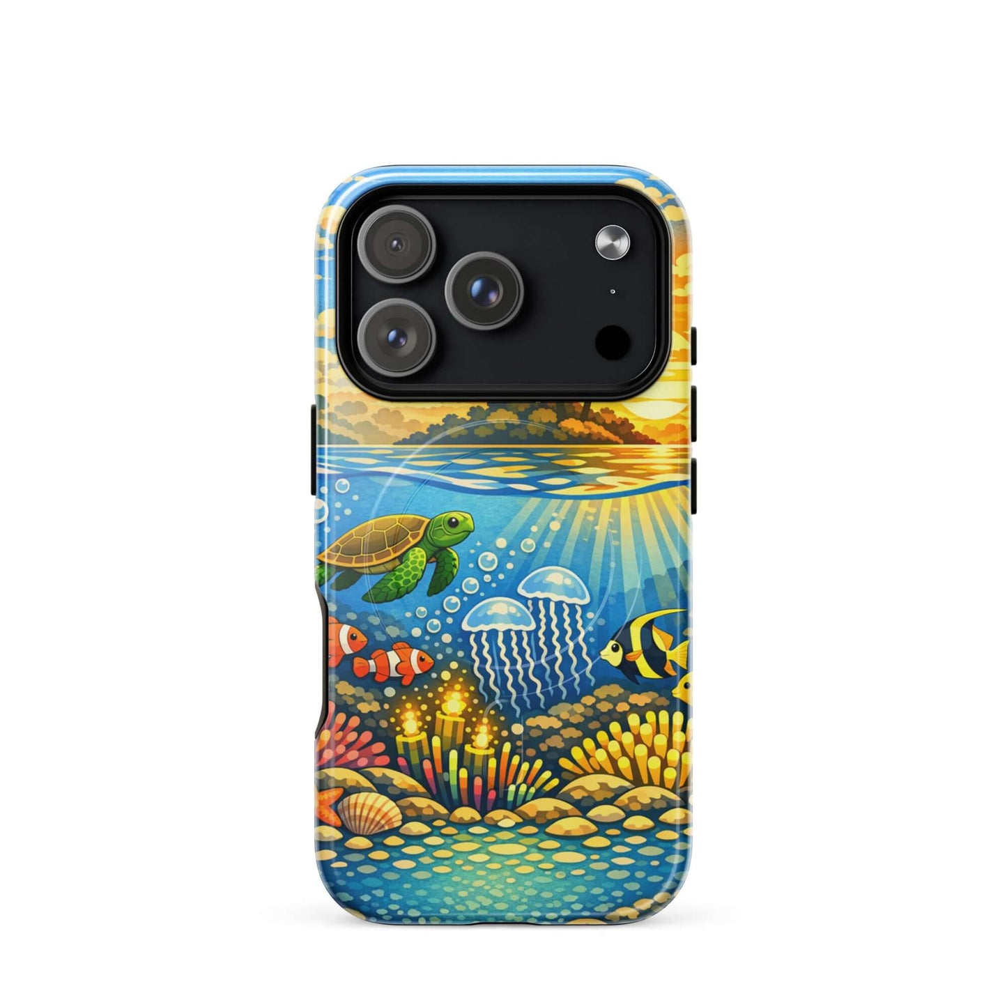 Magnetic Phone Case featuring a vibrant tropical sunset and underwater reef scene with sea turtles and colorful fish.