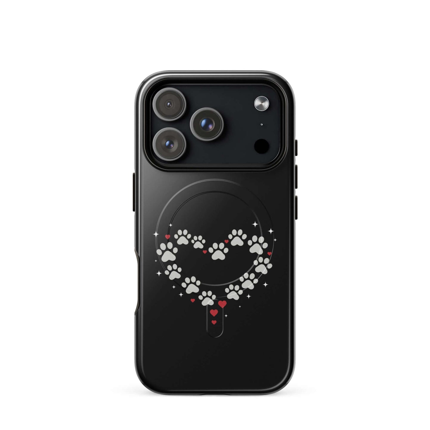 Magnetic Phone Case for iPhone featuring a paw-print heart design on a black background.