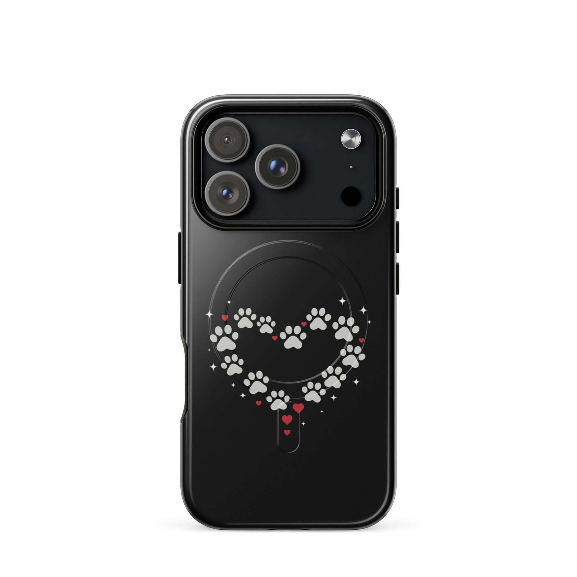 Magnetic Phone Case for iPhone featuring a paw-print heart design on a black background.