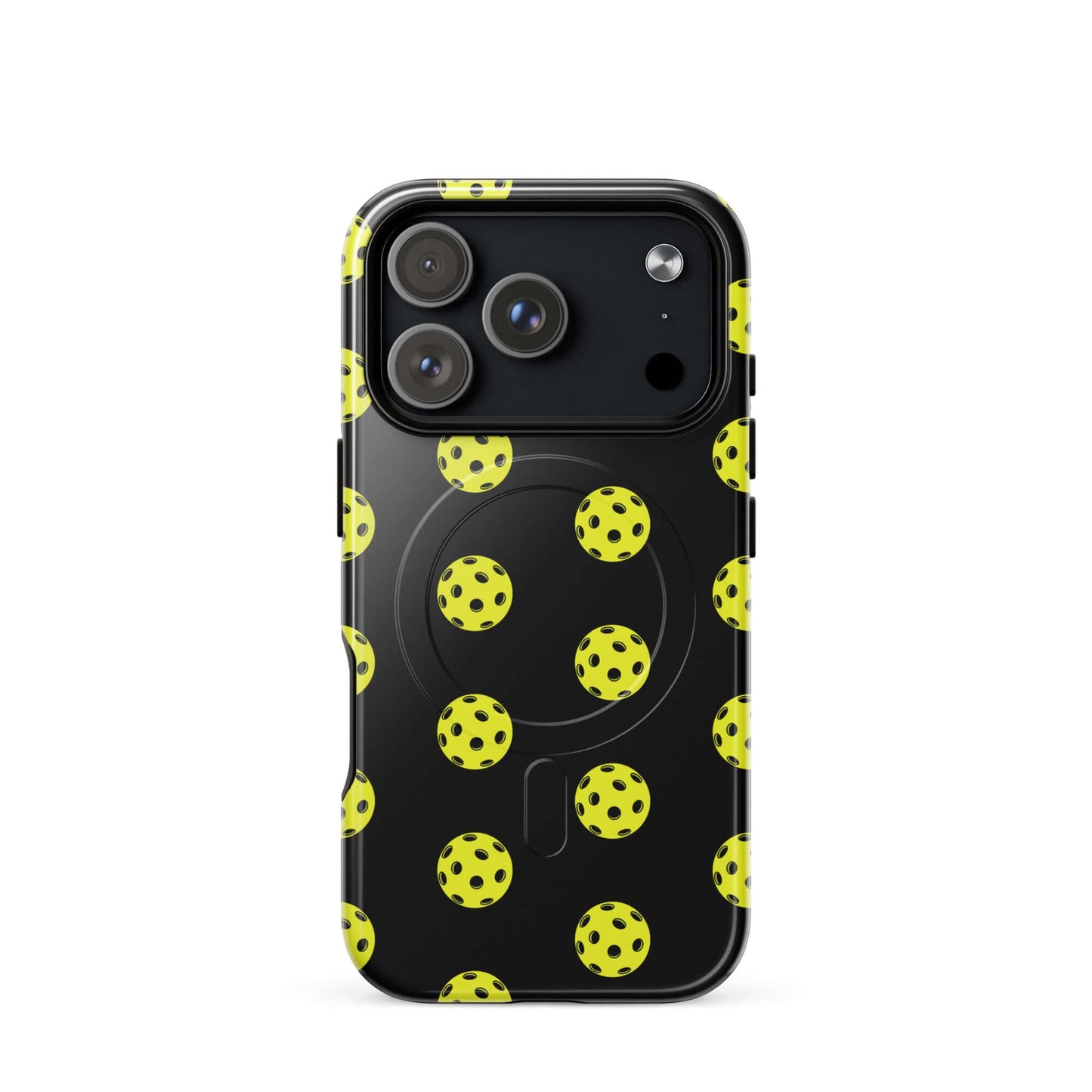 Magnetic Phone Case for iPhone featuring a pickleball pattern in vibrant yellow and black design.