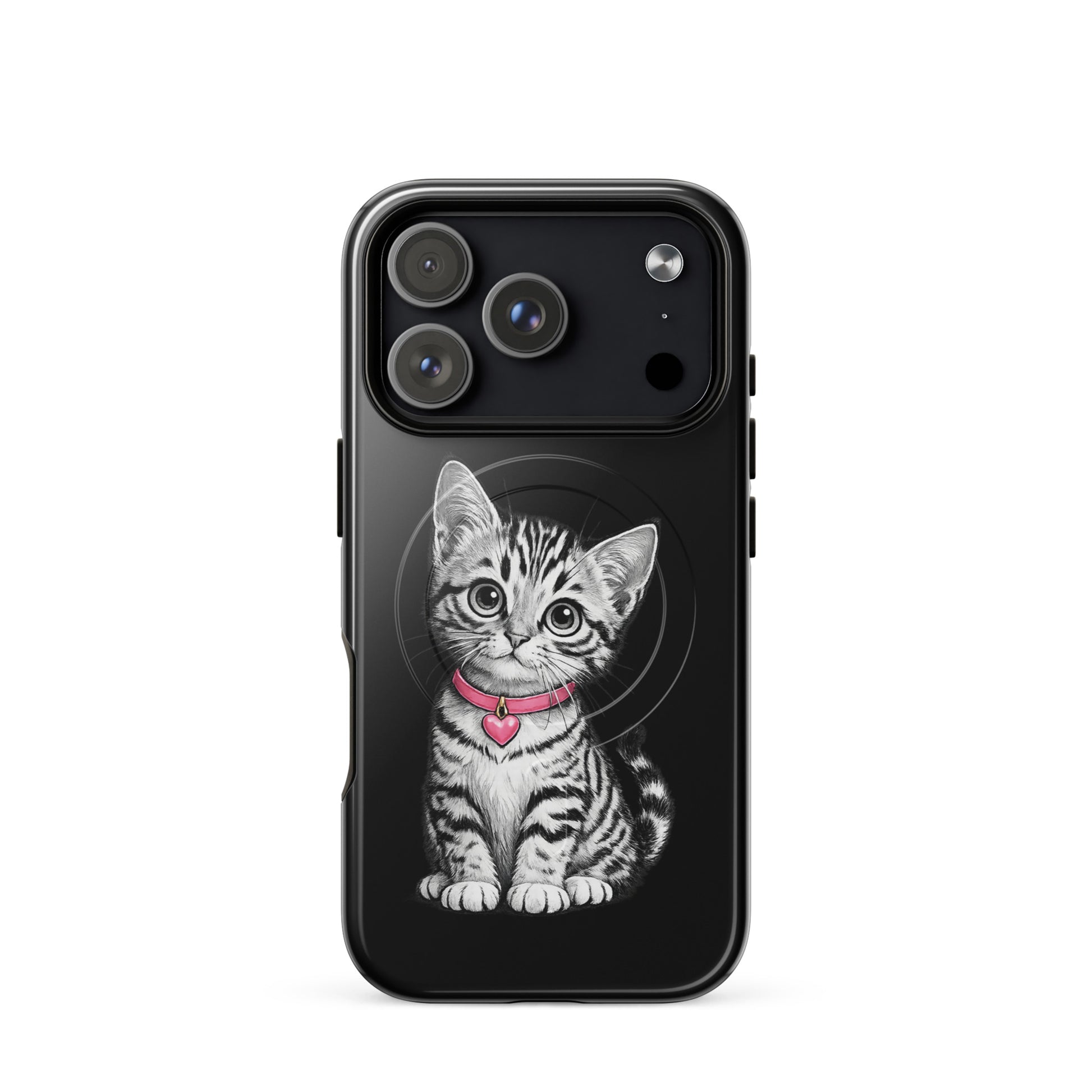 Magnetic Phone Case for iPhone with sketch kitten, pink collar, and heart charm design for stylish protection