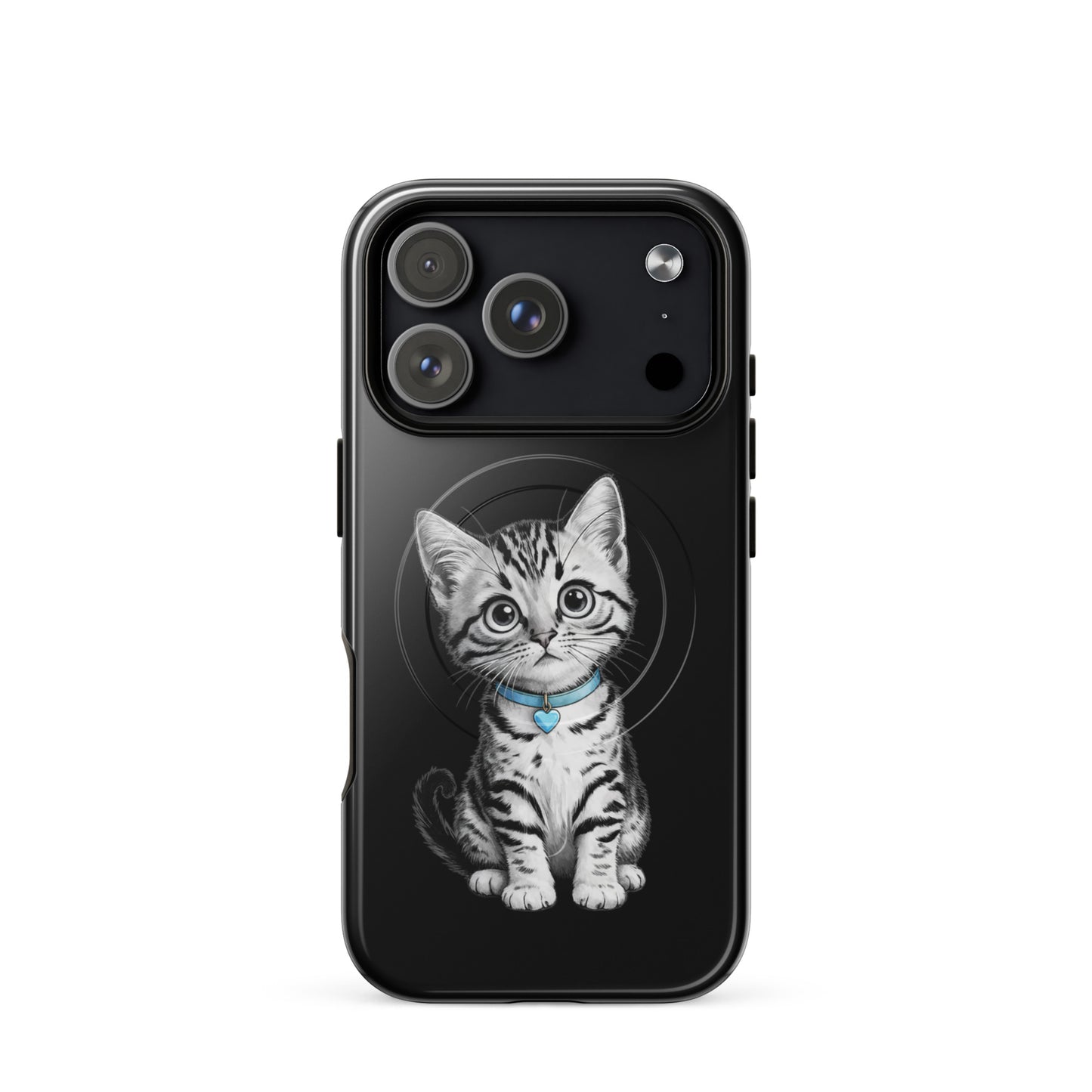 Magnetic Phone Case featuring kitten with blue collar and heart charm, artistic black-and-white sketch design for iPhone.