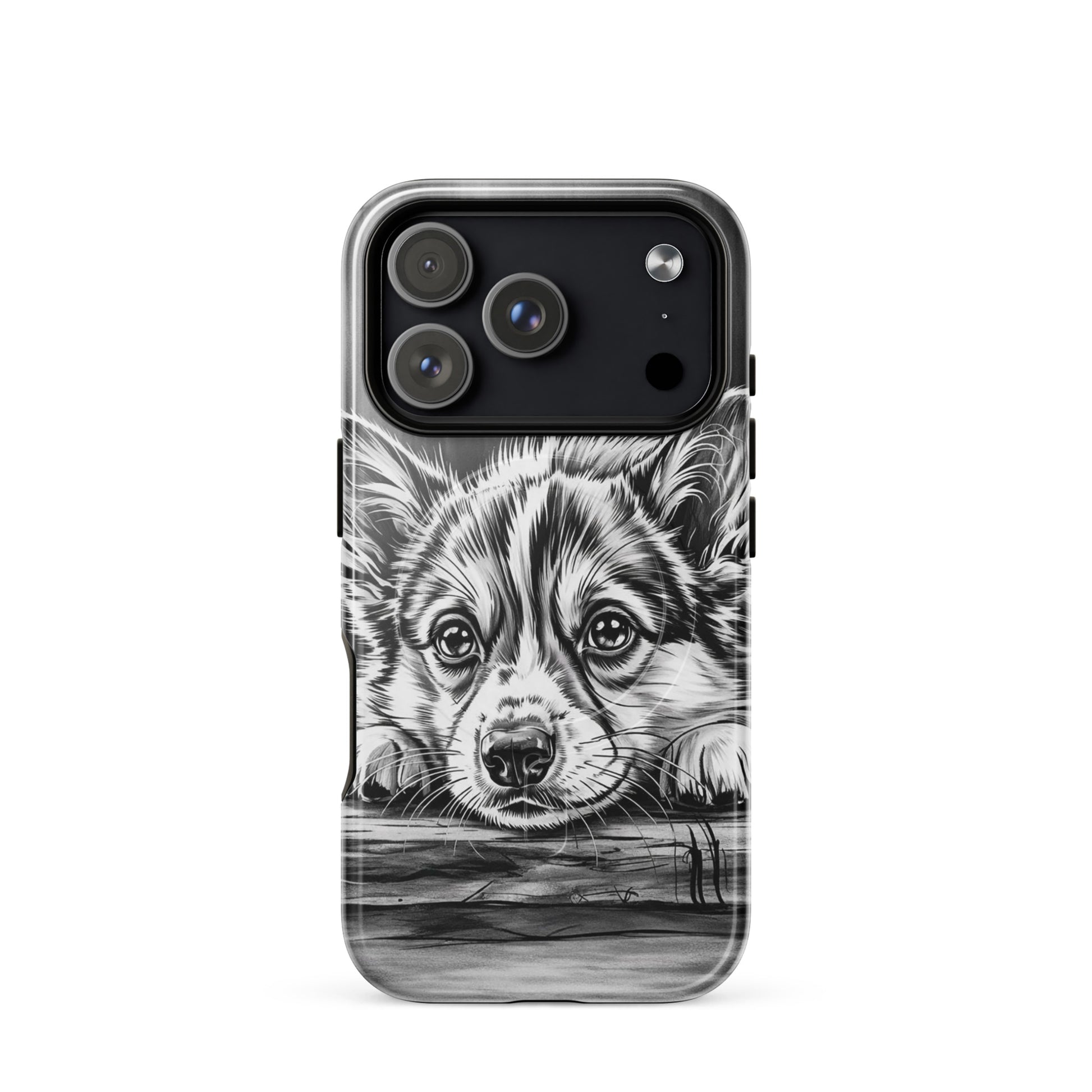 Magnetic Phone Case for iPhone featuring elegant puppy art with black-and-white illustration on aged wood