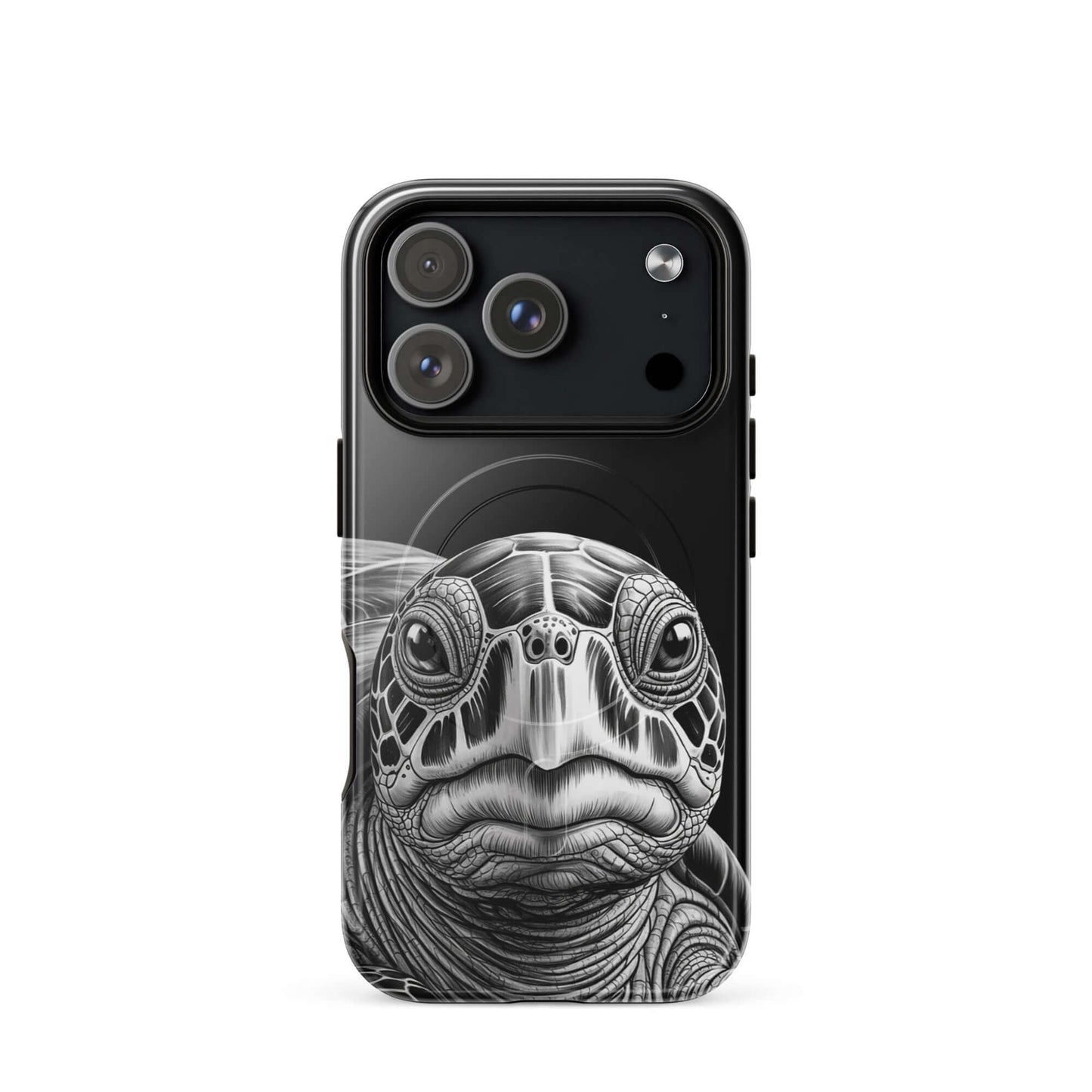 Magnetic Phone Case with ancient sea turtle art, black-and-white design, featuring soulful turtle gaze and intricate shell.