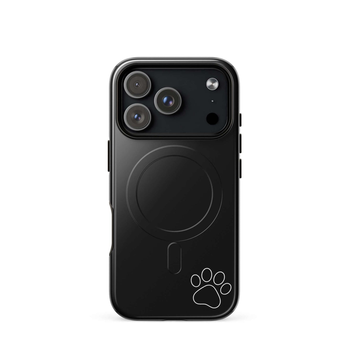 Black Magnetic Phone case for iPhone with white paw print design, highlighting minimalist and playful style.