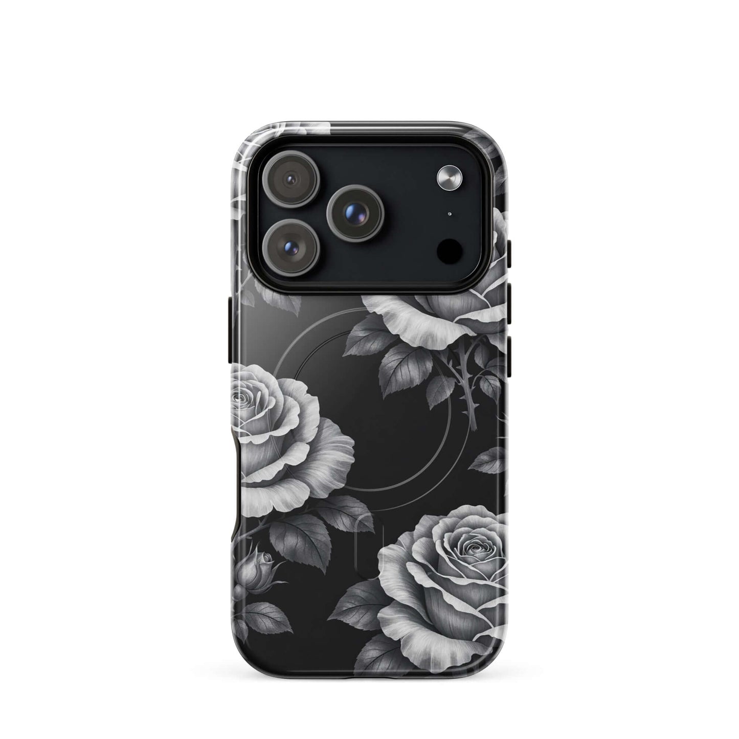 Magnetic Phone Case for iPhone with rose garden design, black background, elegant floral sketch of roses and leaves.