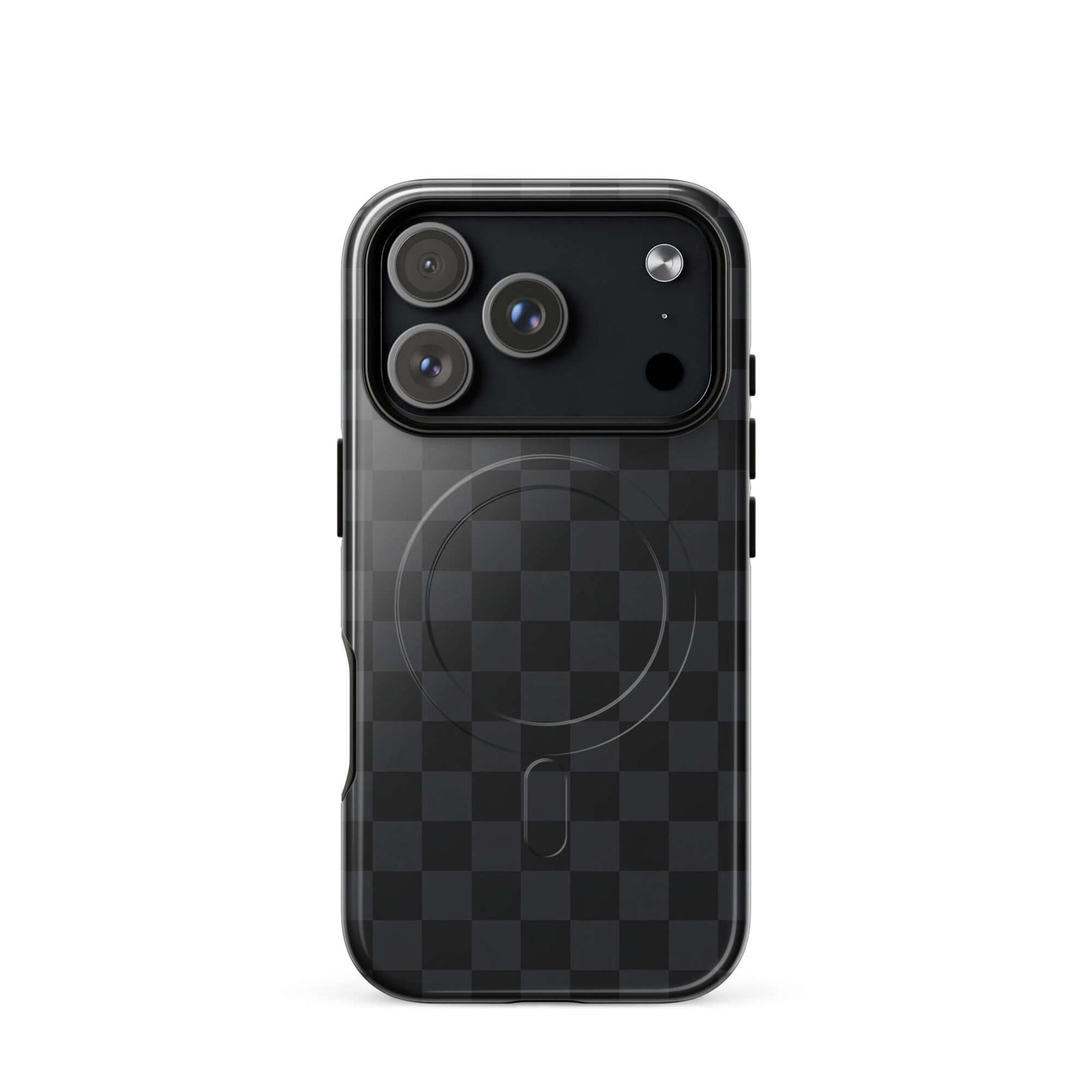 Magnetic Phone Case for iPhone in black and charcoal checkered design, showcasing sleek style and superior protection.
