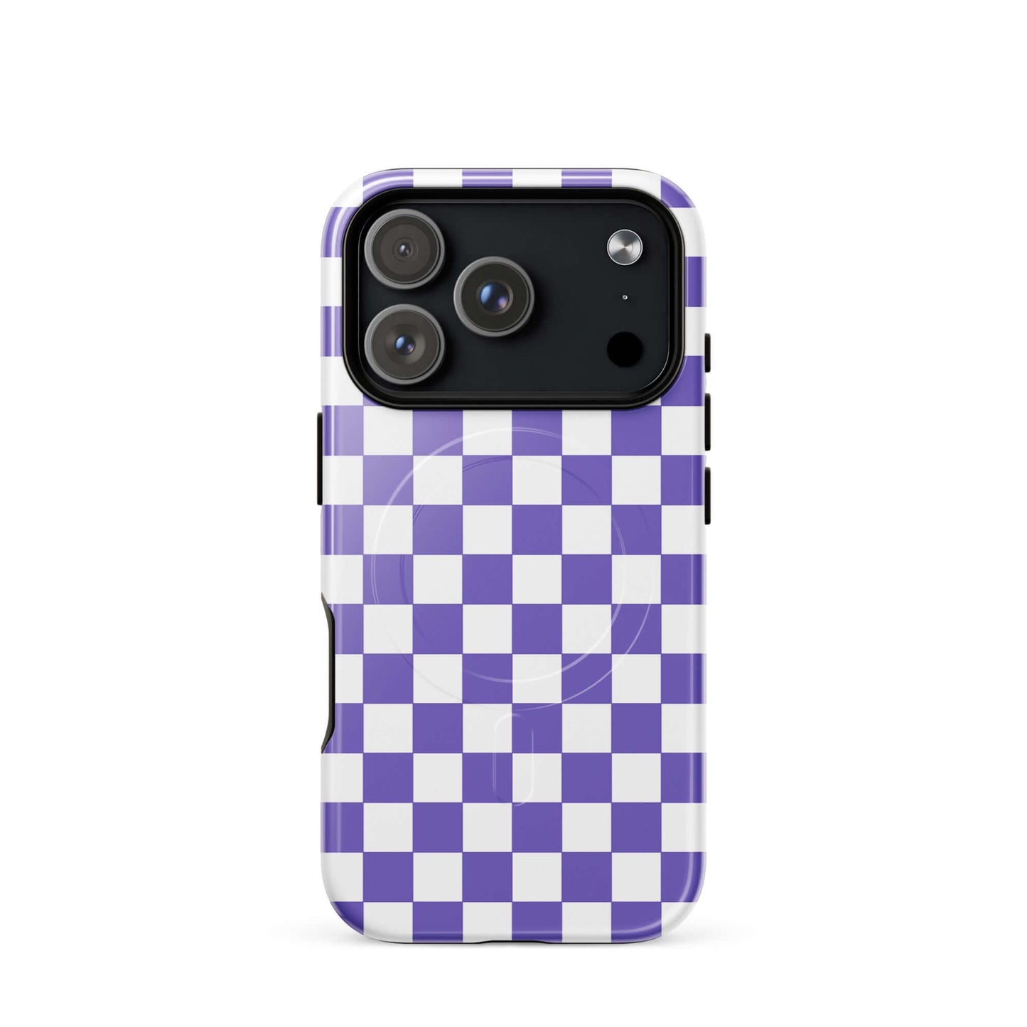 Magnetic Phone Case for iPhone with purple and white checkered pattern, adding style and personality to your device.