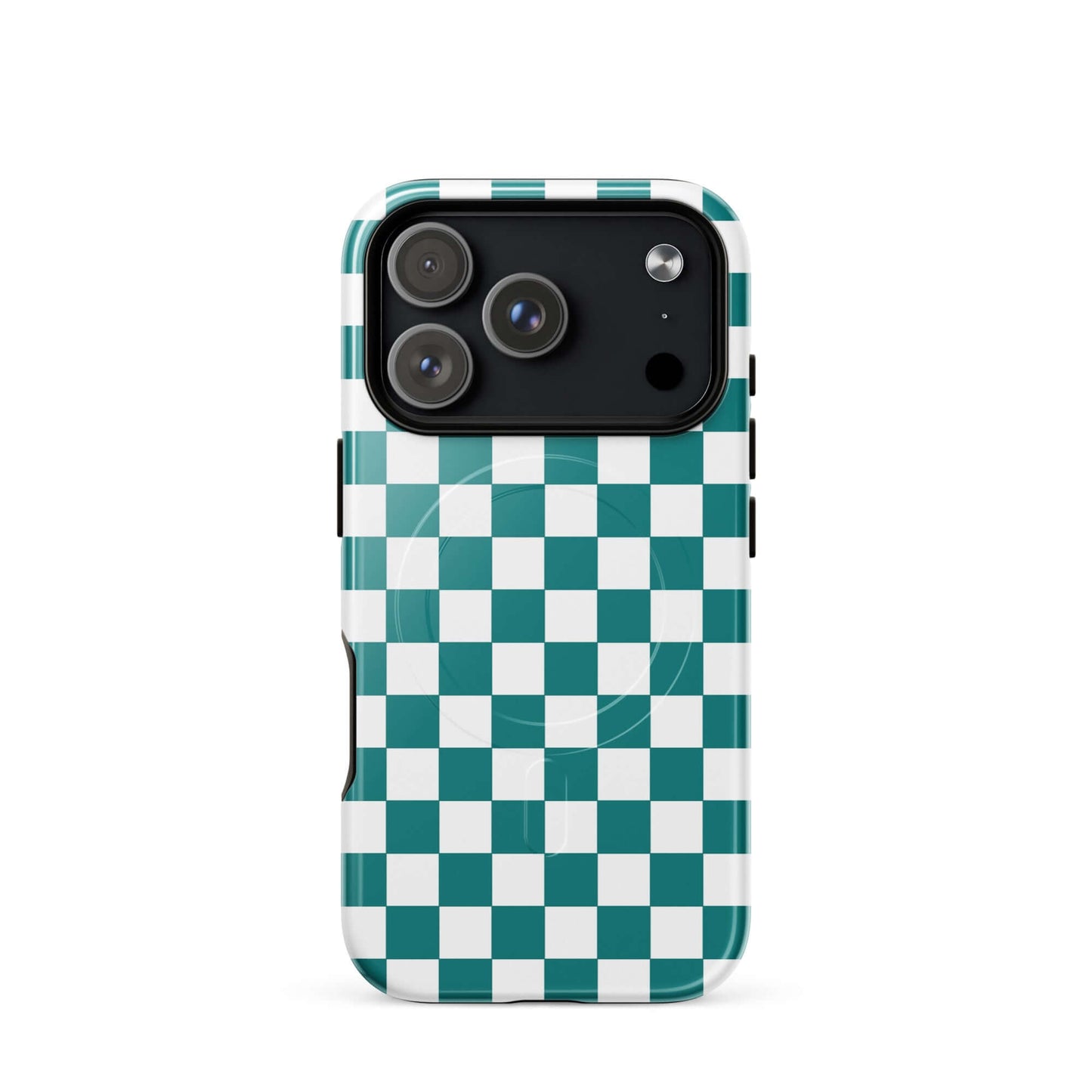 Magnetic Phone Case with teal and white checkered design, stylish and playful accessory for smartphones.
