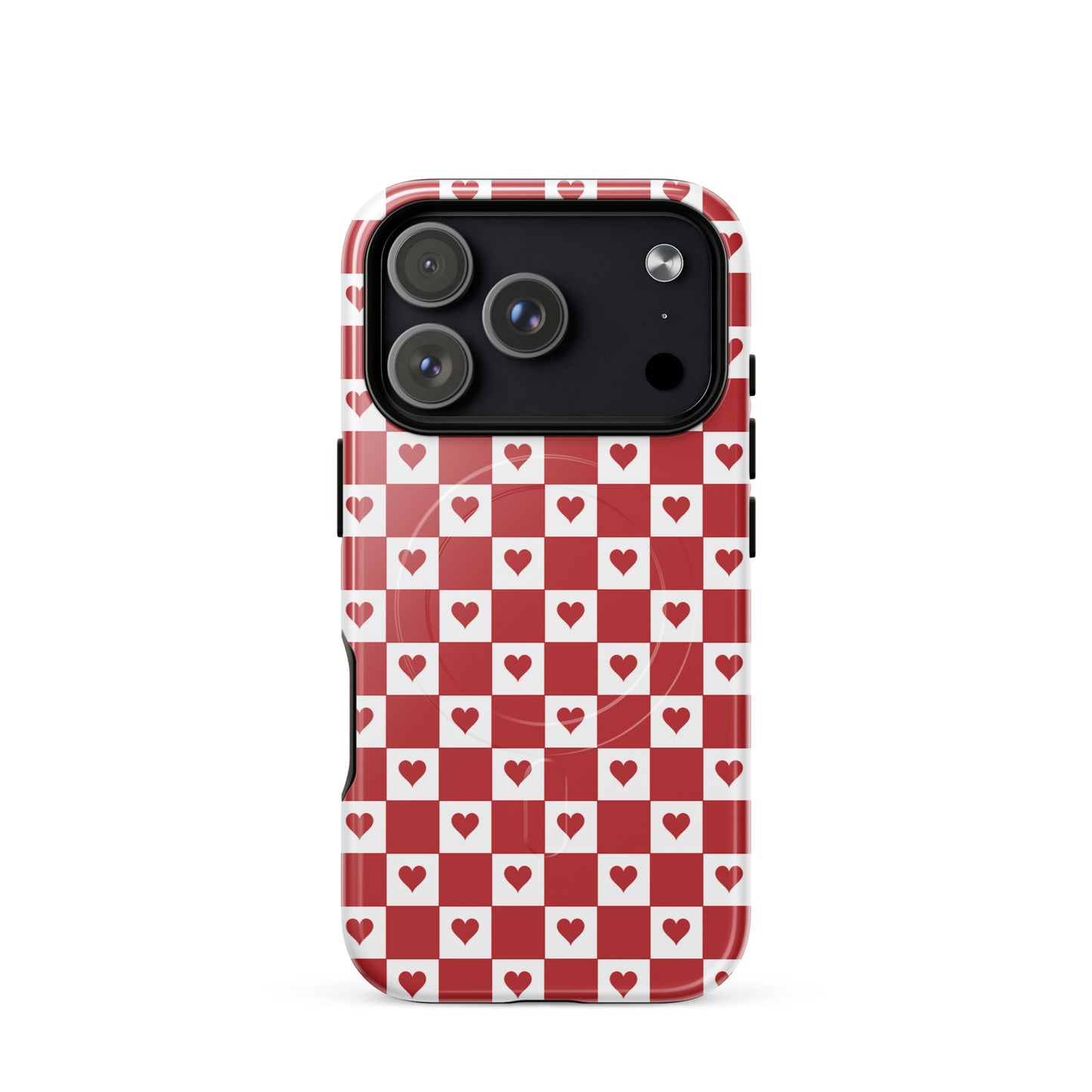 Magnetic Phone Case with red heart checkered design for iPhone, adding charm and modern style to your device.