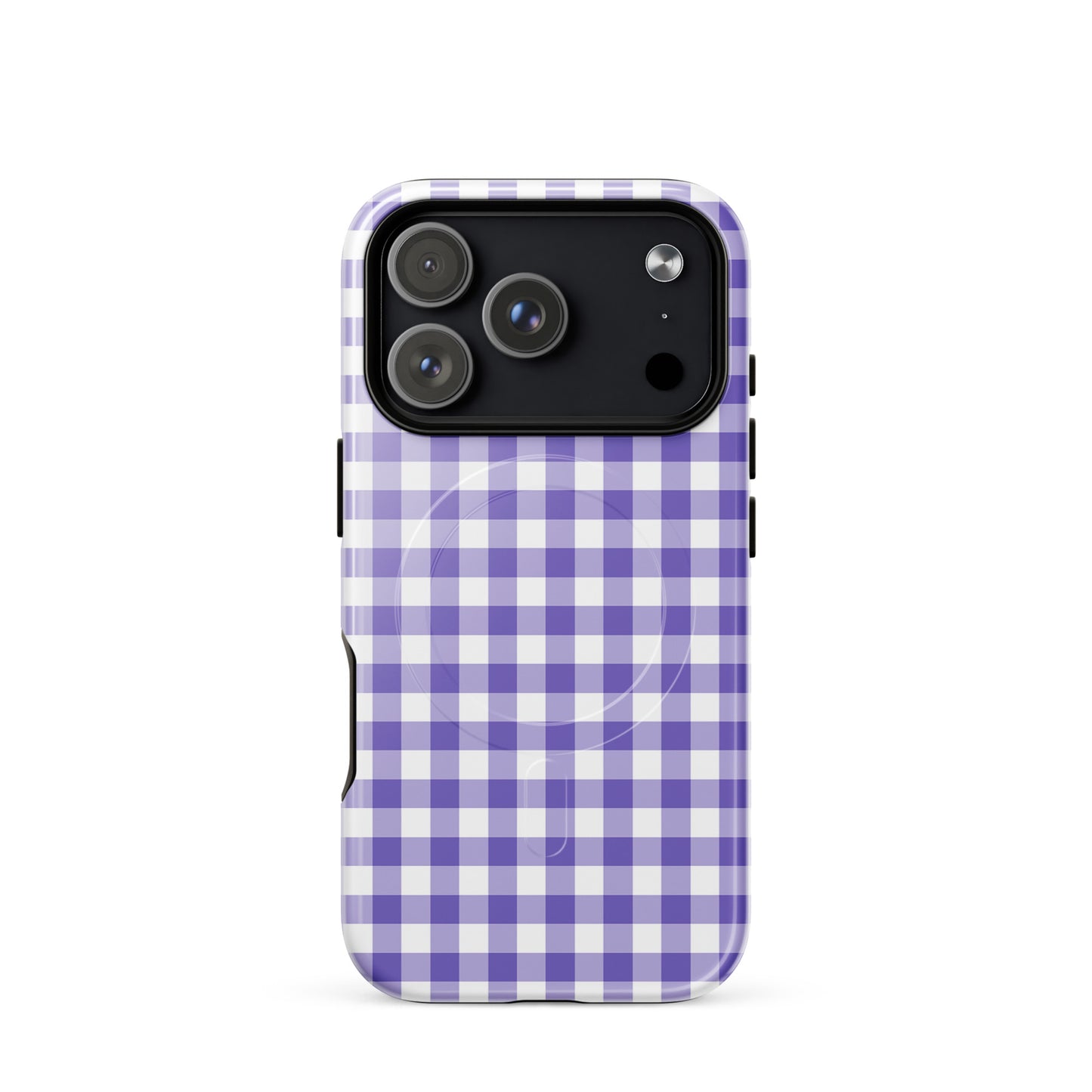 Magnetic Phone Case with purple gingham pattern for iPhone, combining stylish design with durable protection.