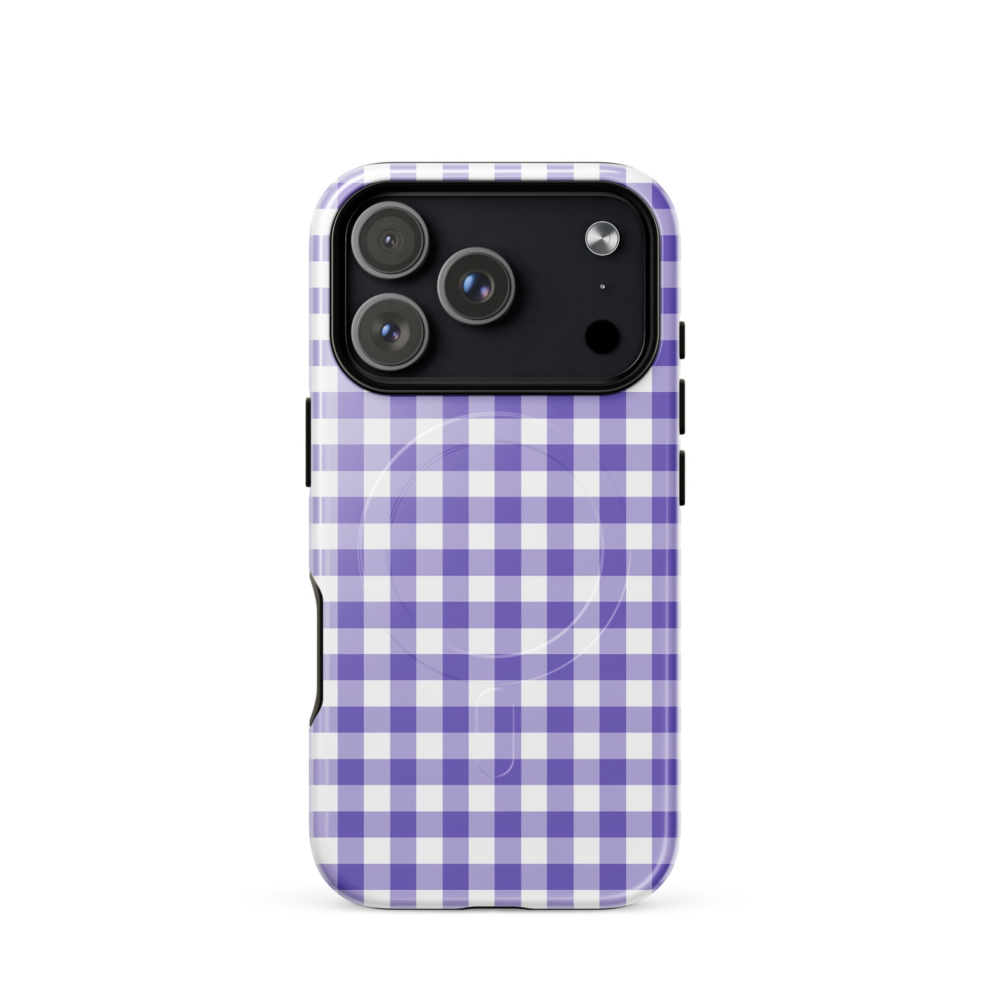 Magnetic Phone Case with purple gingham pattern for iPhone, combining stylish design with durable protection.