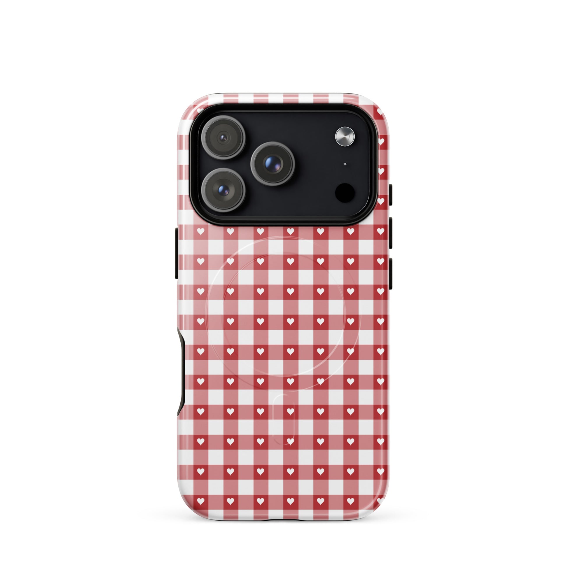 Magnetic Phone Case with red-and-white gingham and heart design for iPhone, combining style and protection.