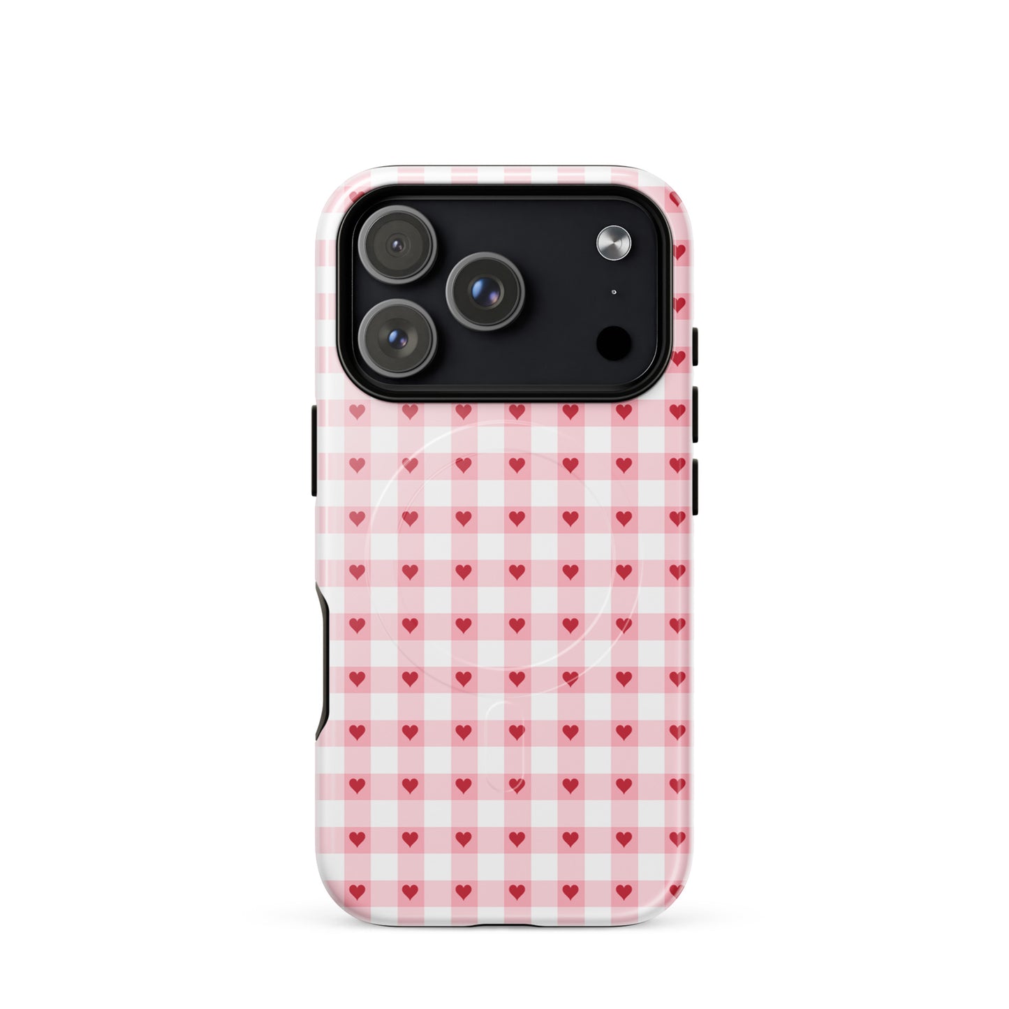 Magnetic Phone Case with pink-and-white gingham pattern and red hearts for iPhone, showcasing chic design and durable craftsmanship.