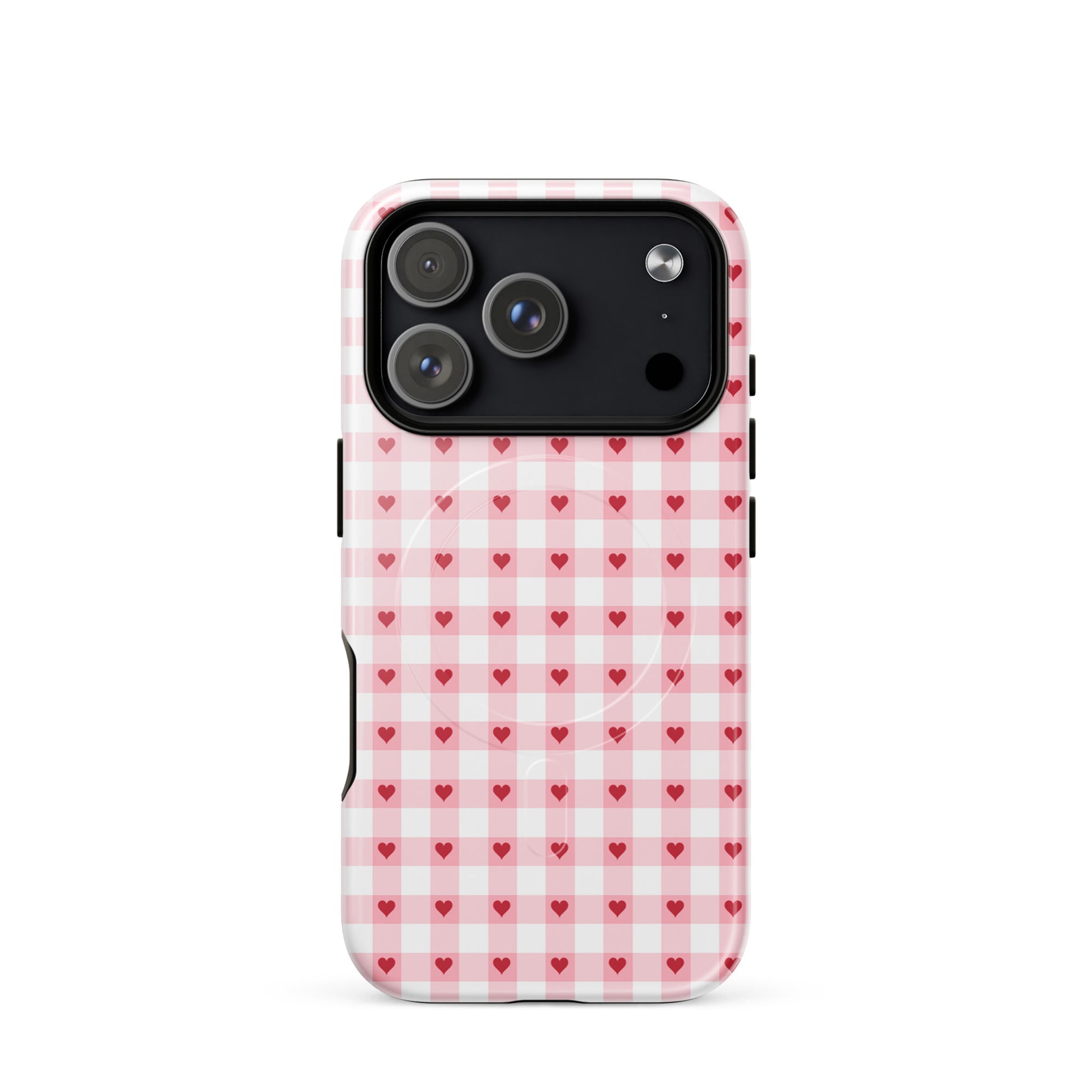 Magnetic Phone Case with pink-and-white gingham pattern and red hearts for iPhone, showcasing chic design and durable craftsmanship.