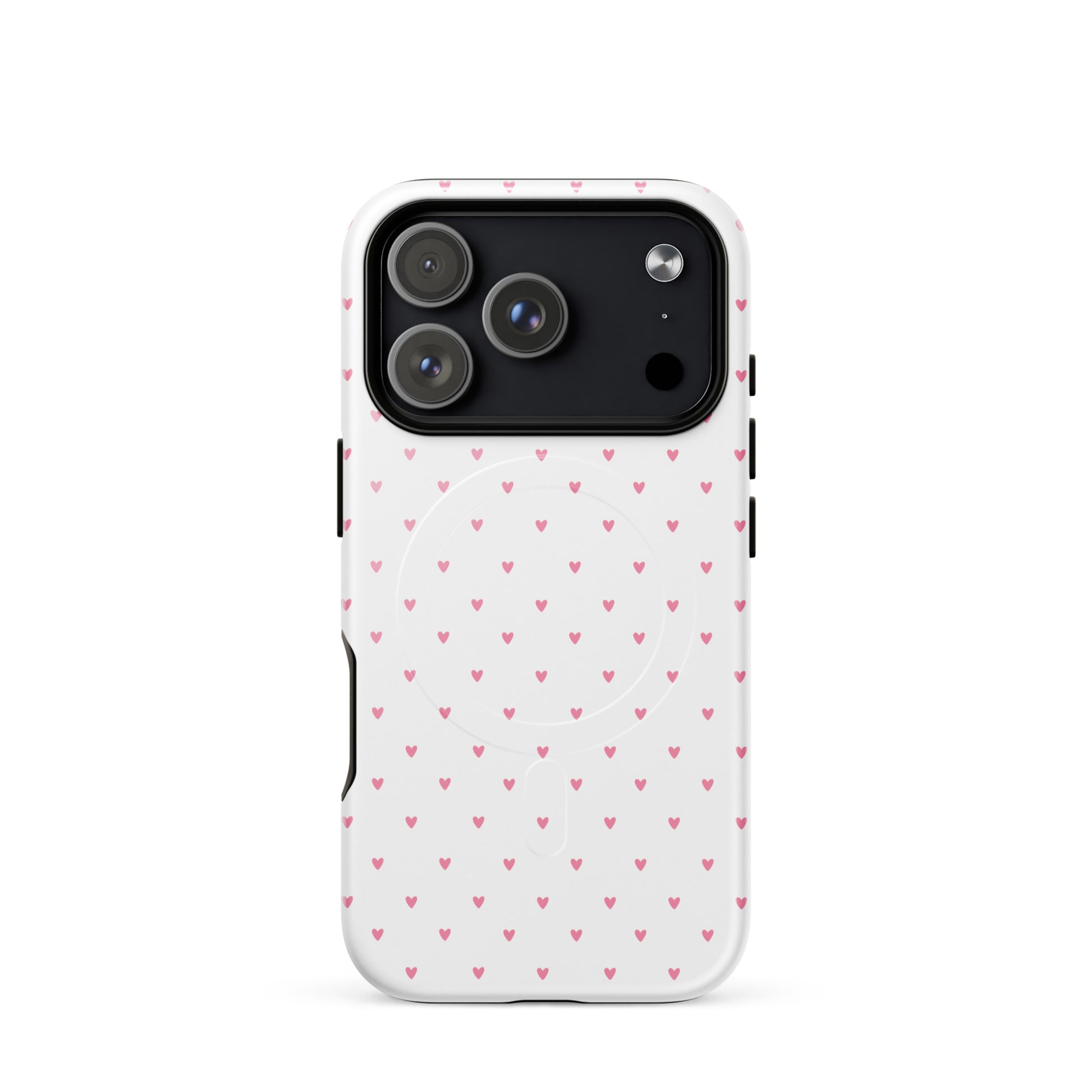 Magnetic Phone Case for iPhone with heart-dot pattern, white case background showcasing playful and stylish design with tiny hearts.