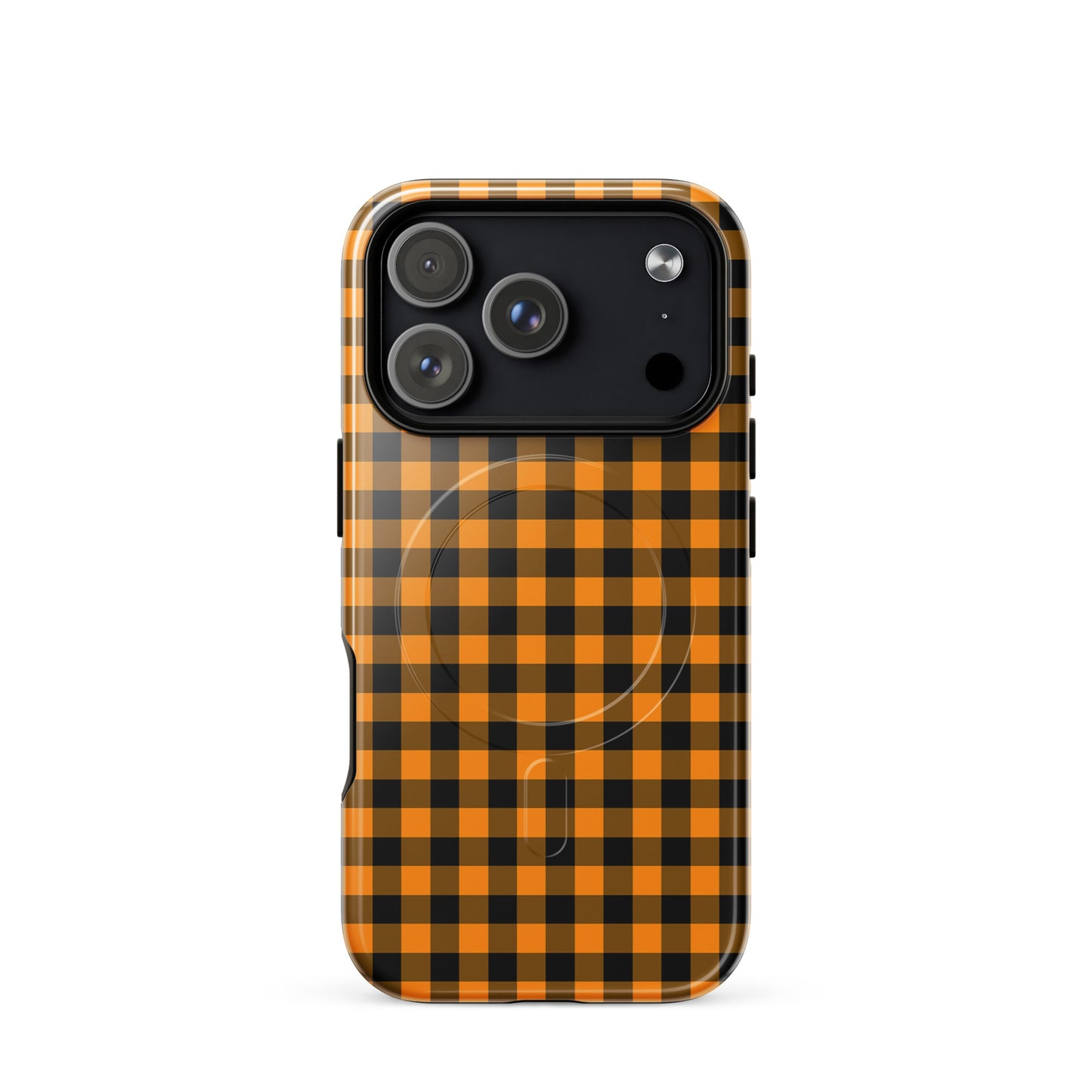 Magnetic Phone Case with black-and-orange gingham pattern for iPhone in Autumn theme, offering stylish design and durability.