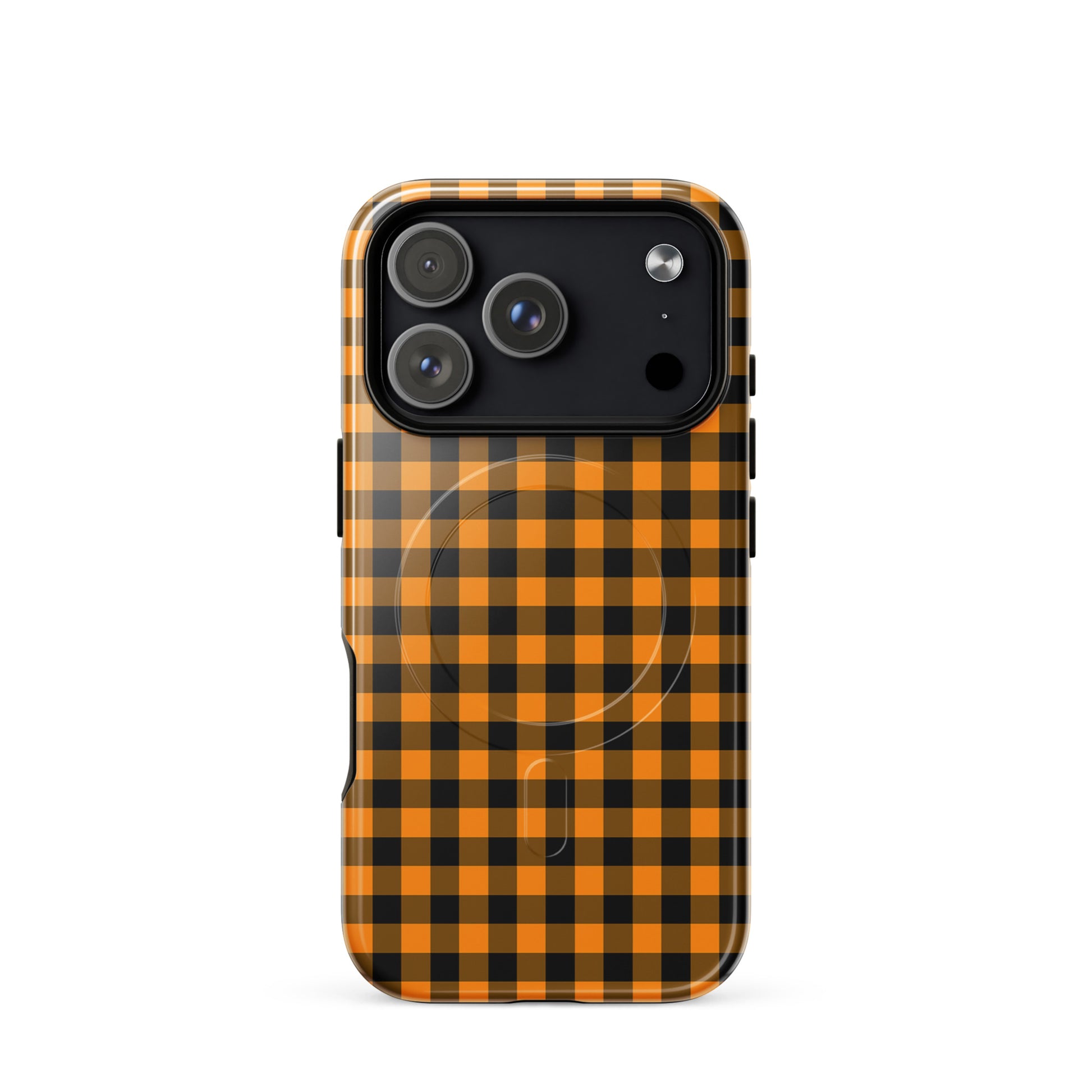Magnetic Phone Case with black-and-orange gingham pattern for iPhone in Autumn theme, offering stylish design and durability.